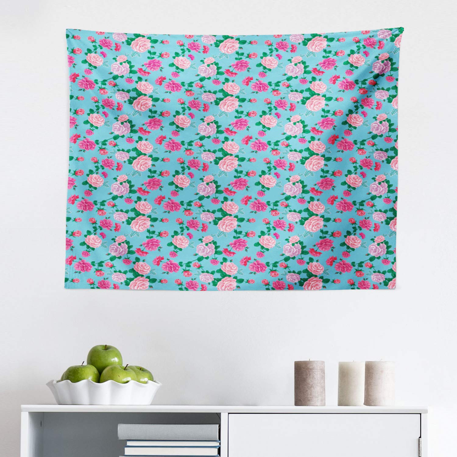 Ambesonne Vintage Rose Tapestry Wall Hanging - 28x23 Inch Floral Fabric Decor for Bedroom, Living Room, Dorm - Aqua Pink Continuous Vibrant Flowers Design - Perfect for Boho Home Decor, Wedding Backdrop & Photo Shoot Background