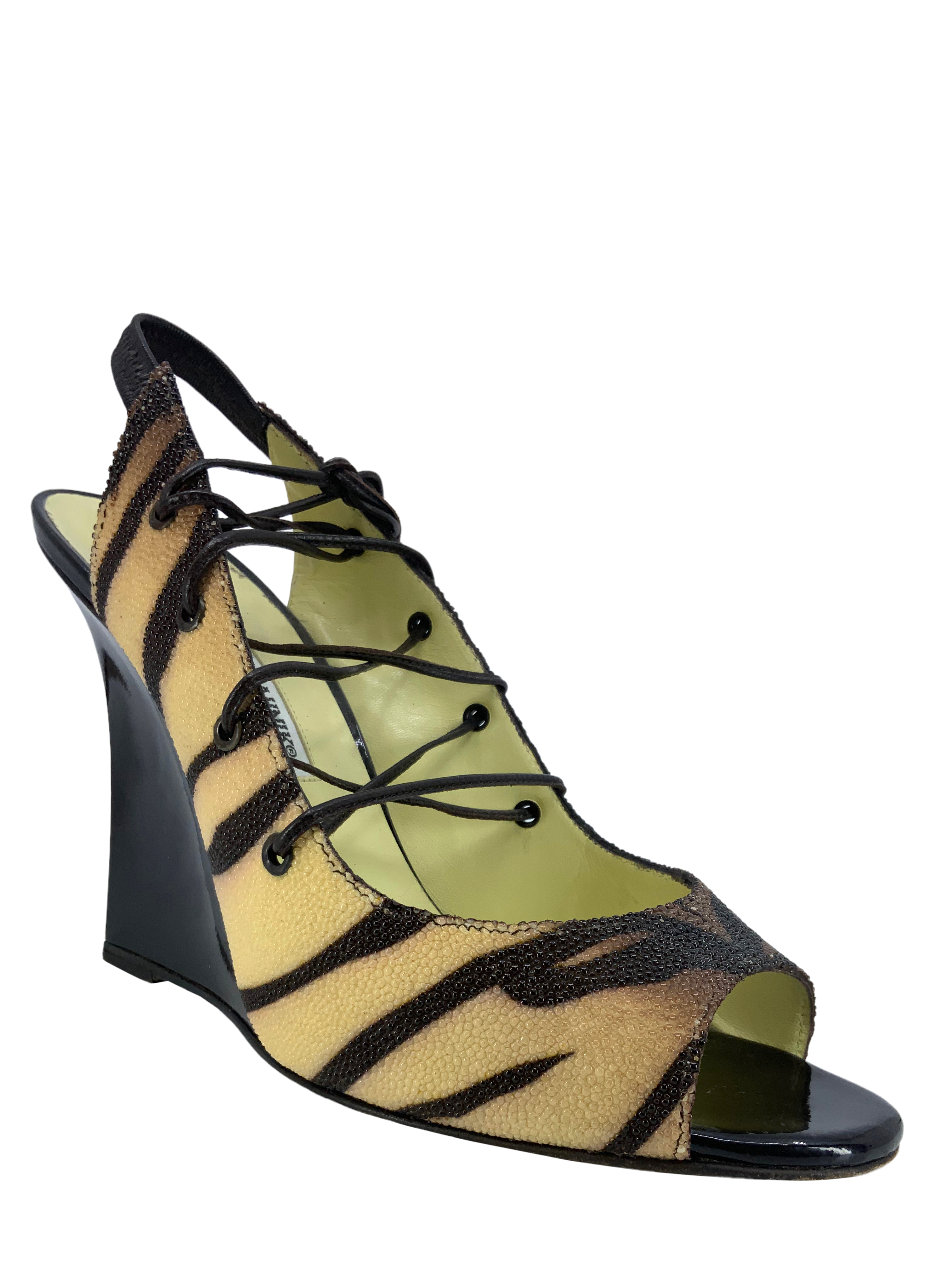 Manolo Blahnik Mania Tiger Stingray Wedges Women's Size 10 | Luxury Designer High Heel Sandals for Weddings, Parties & Special Occasions