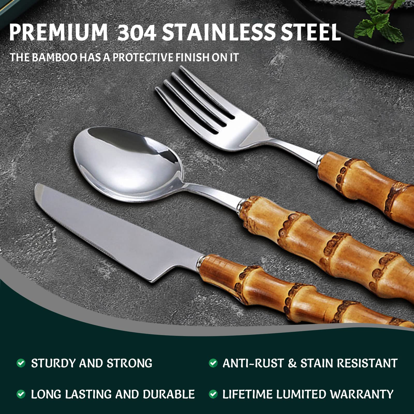 60-Piece Eco-Friendly Bamboo Flatware Set for 12 - Sustainable Kitchen Utensils with Bamboo Handles - Dishwasher Safe Cutlery for Parties, Picnics & Eco-Conscious Homes