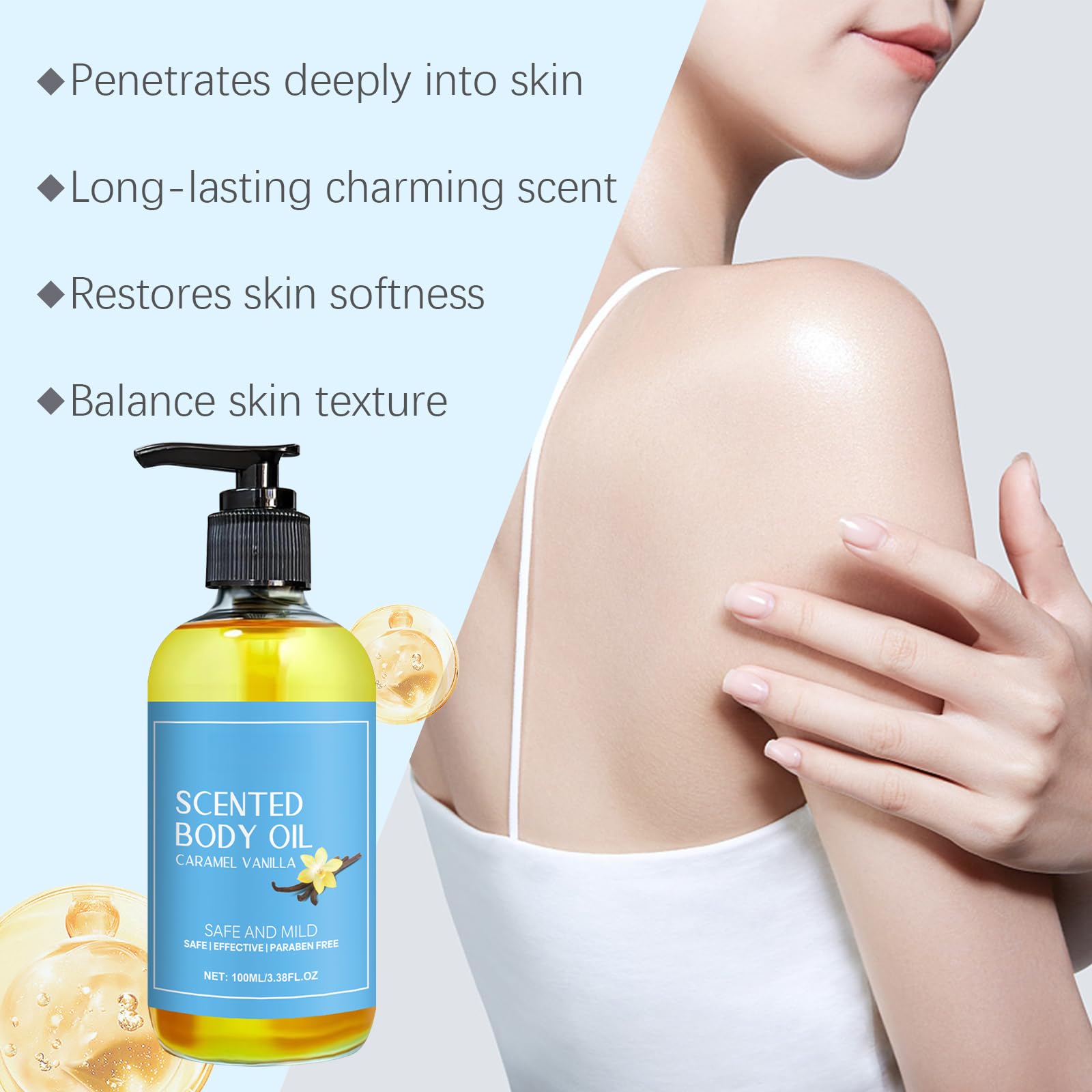 Caramel Vanilla Scented Body Oil - 120ml Natural Moisturizing Massage Oil for Women, Handmade Perfume Body Essence | Perfect for Aromatherapy, Relaxation & Skin Hydration