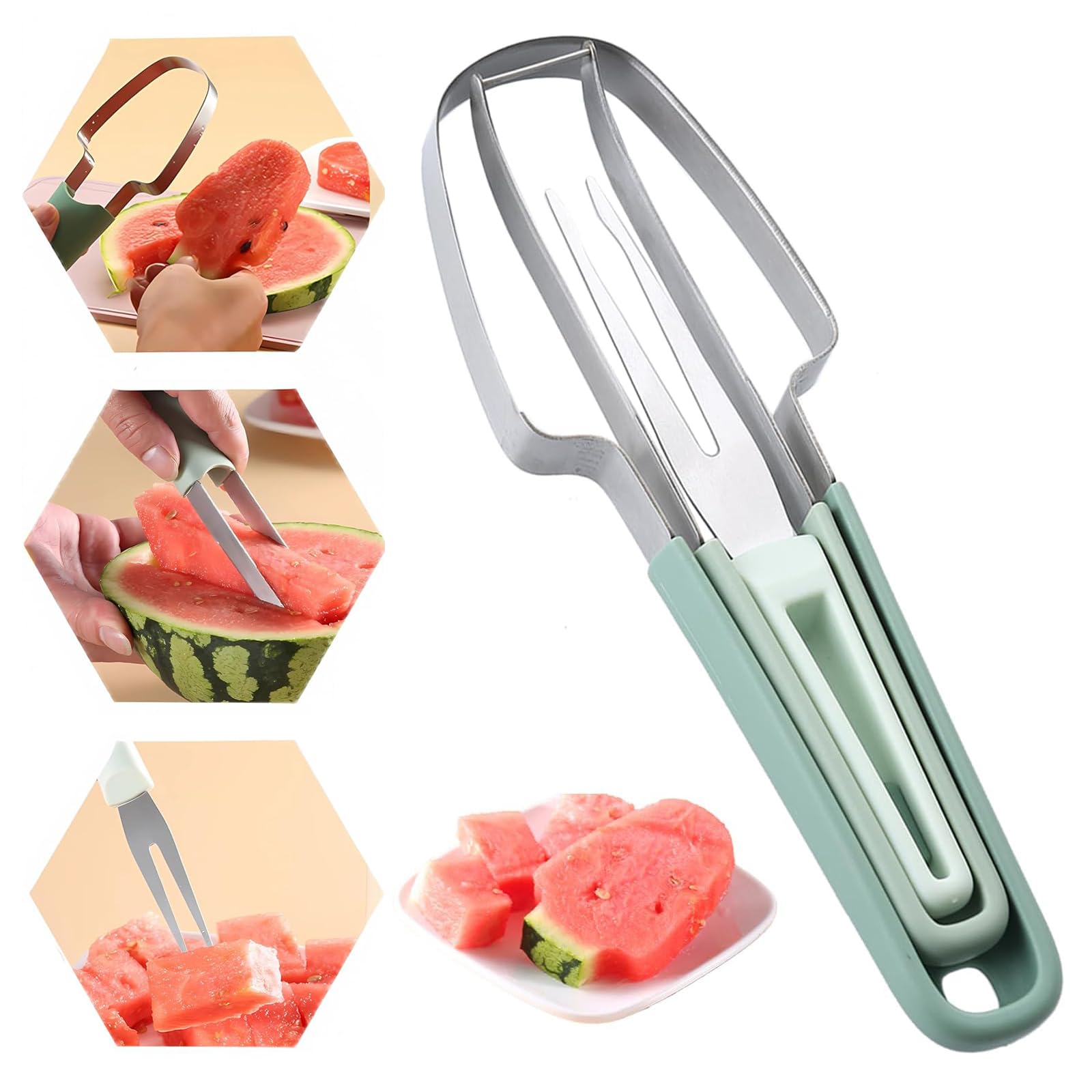 3-in-1 Watermelon Cutter Slicer Tool - Stainless Steel Fruit Fork & Slicer Set - Portable Multifunctional Kitchen Gadget for Home, Camping & Picnics - Perfect for Summer BBQs, Beach Parties & Outdoor Adventures