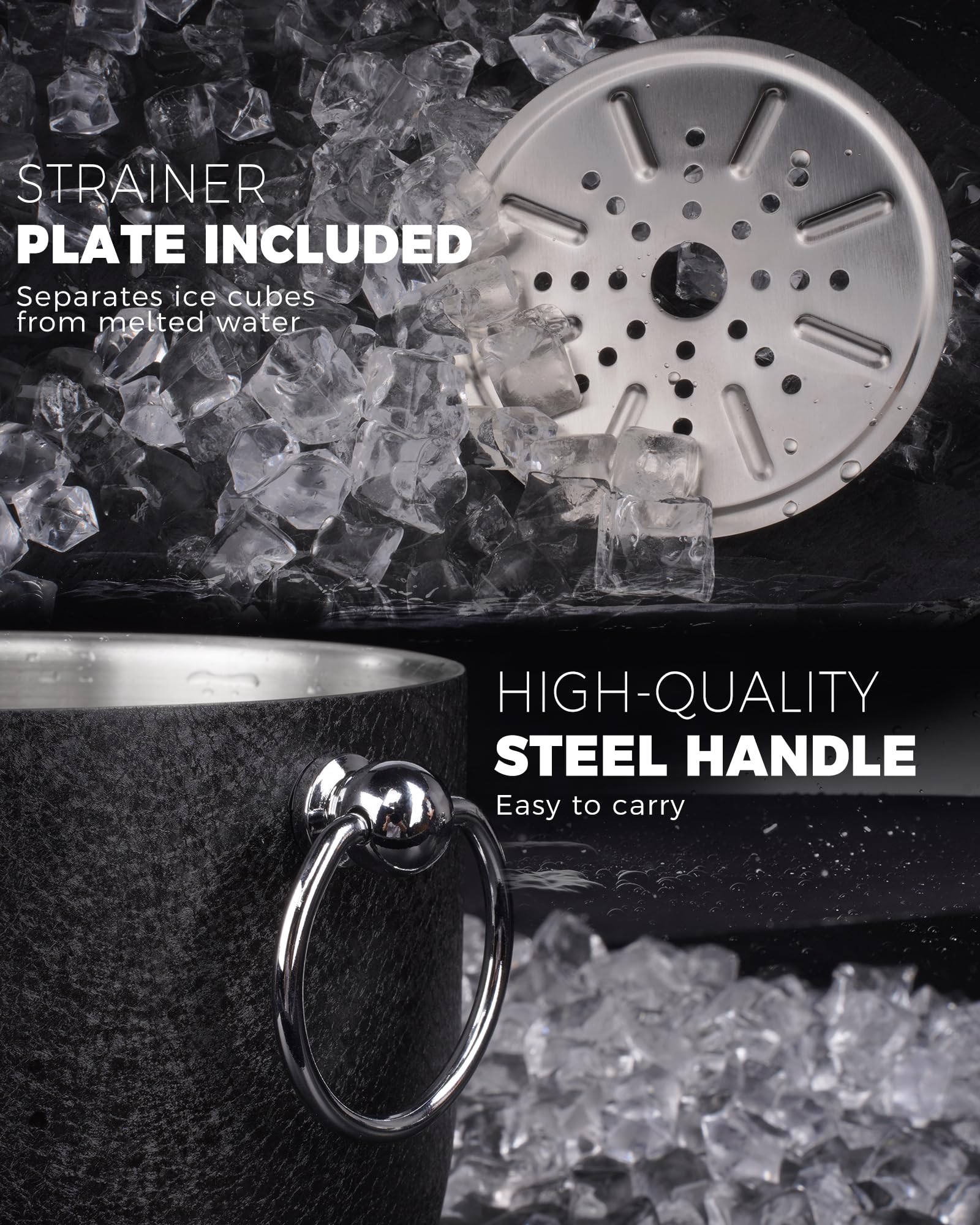 POLIVIAR 2.5L Stainless Steel Ice Bucket with Lid - Double Wall Insulated Cocktail Ice Bucket Set with Tong & Strainer - Perfect for Home Bars, Parties, Weddings & Outdoor Events