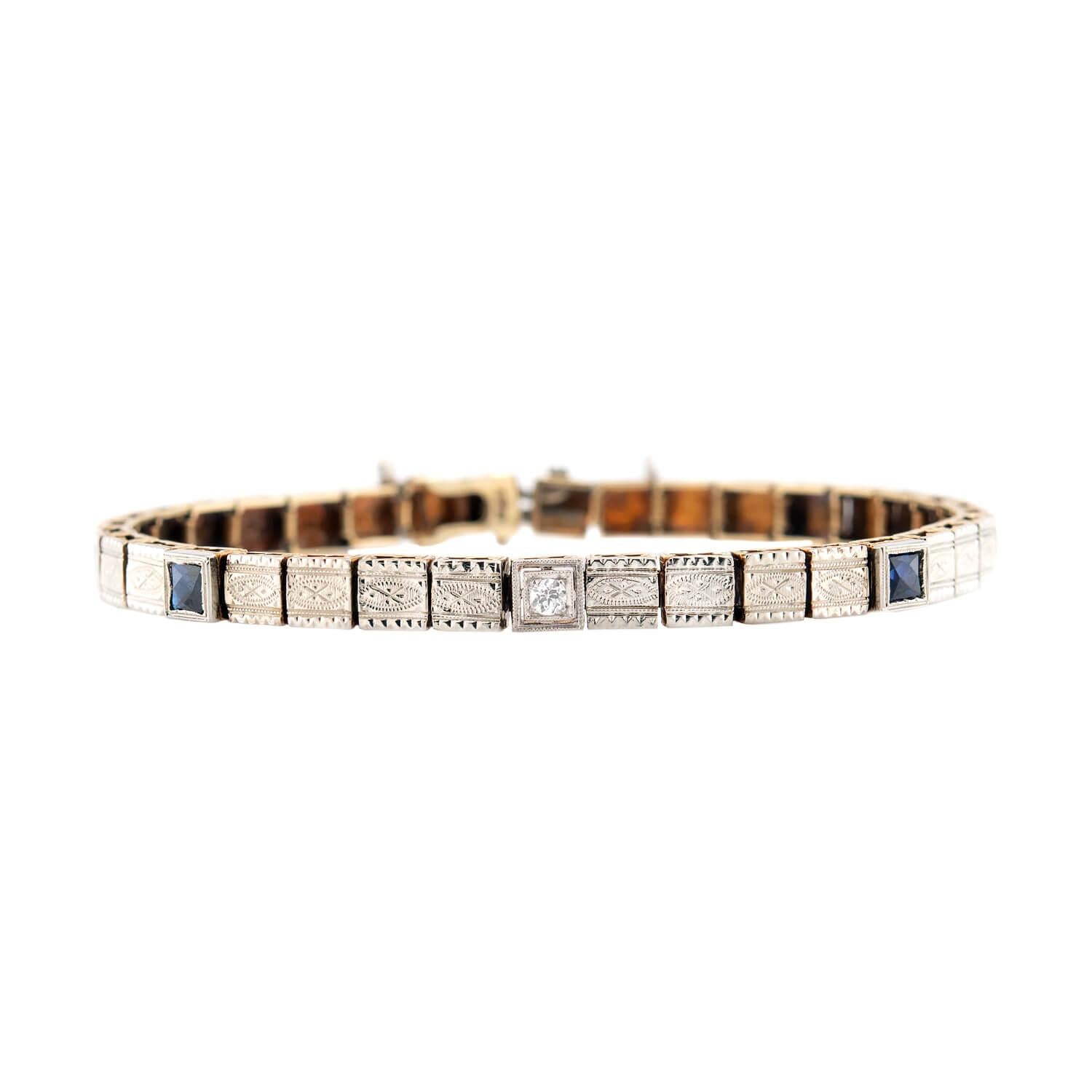 Edwardian 14k Gold & Platinum Sapphire Diamond Line Bracelet - Vintage Jewelry for Weddings, Anniversaries & Special Occasions