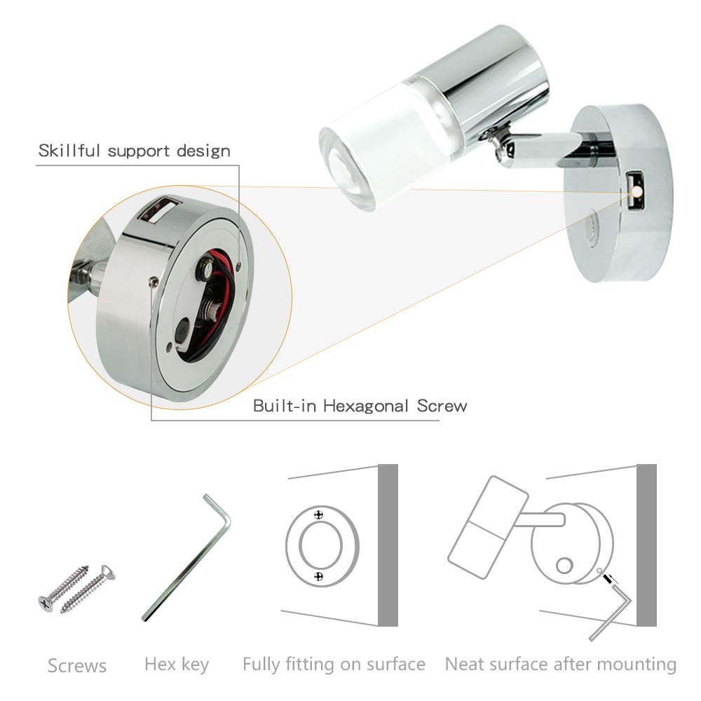 THALASSA 12V LED Boat Reading Light with USB Port - RV Marine Wall Sconce for Motorhome, Trailer, Camper & Caravan Interior Lighting | Perfect for Nighttime Reading & Ambient Lighting