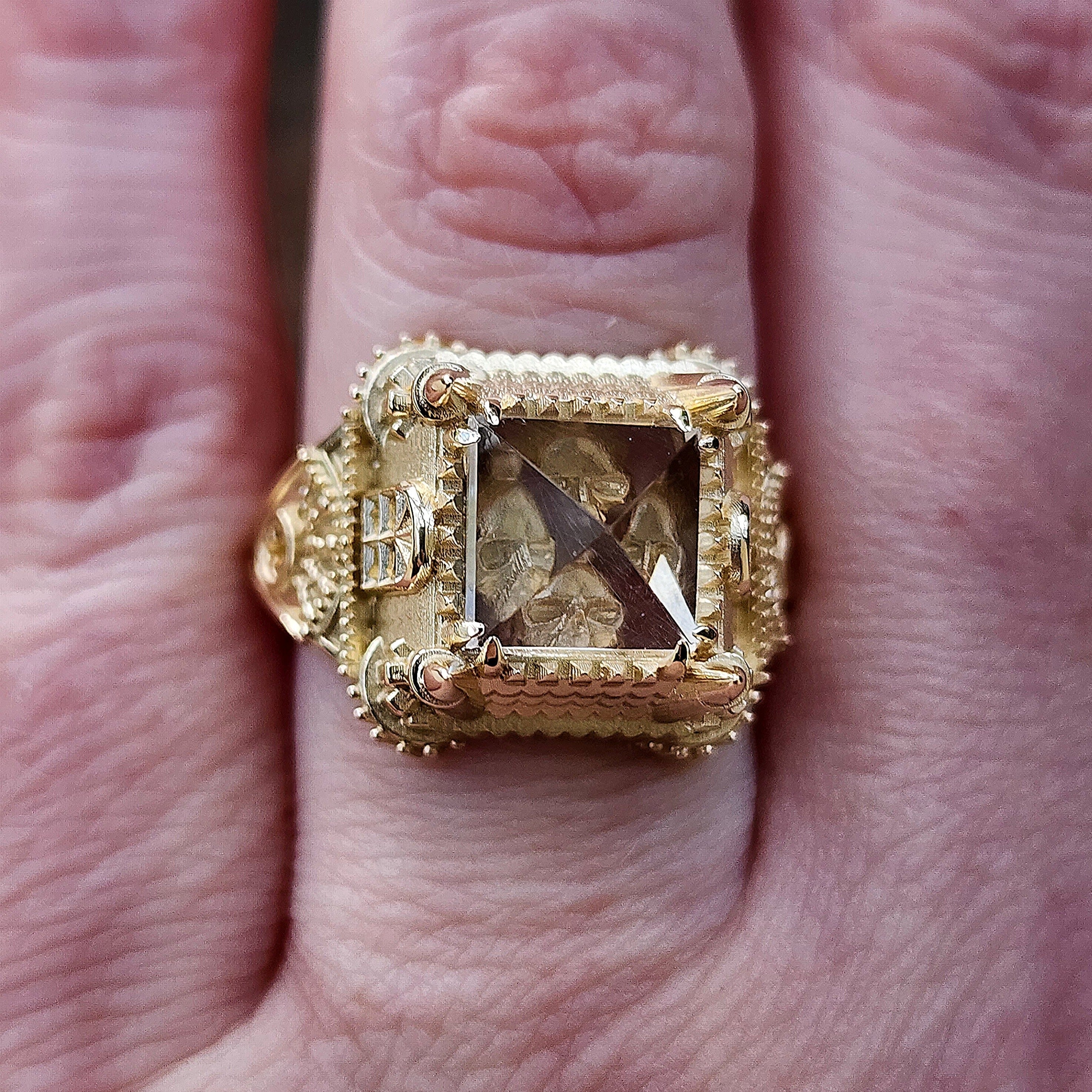 14K Gold Haunted Castle Tower Ring with Pyramid Quartz & Hidden Skull - Gothic Cocktail Jewelry for Halloween, Size 6 8 - Witchy Aesthetic Jewelry for Dark Academia Lovers, Perfect for Spooky Parties & Vampire-Themed Events