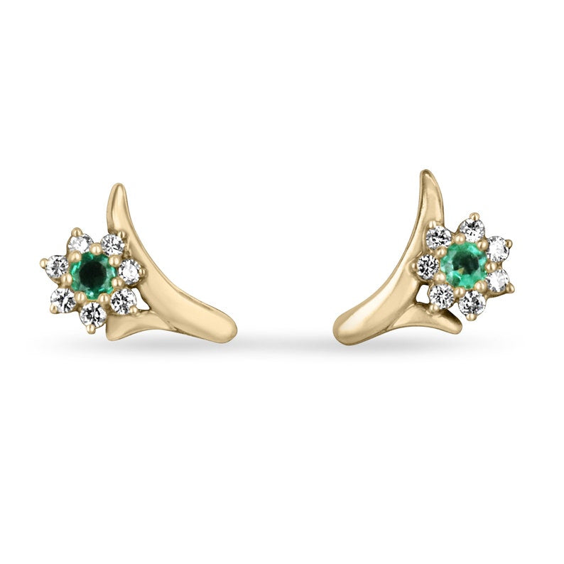 0.71tcw Natural Spring Green Emerald & Diamond Floral Halo Accent Earrings in 18K Gold - Elegant Jewelry for Weddings, Parties & Special Occasions