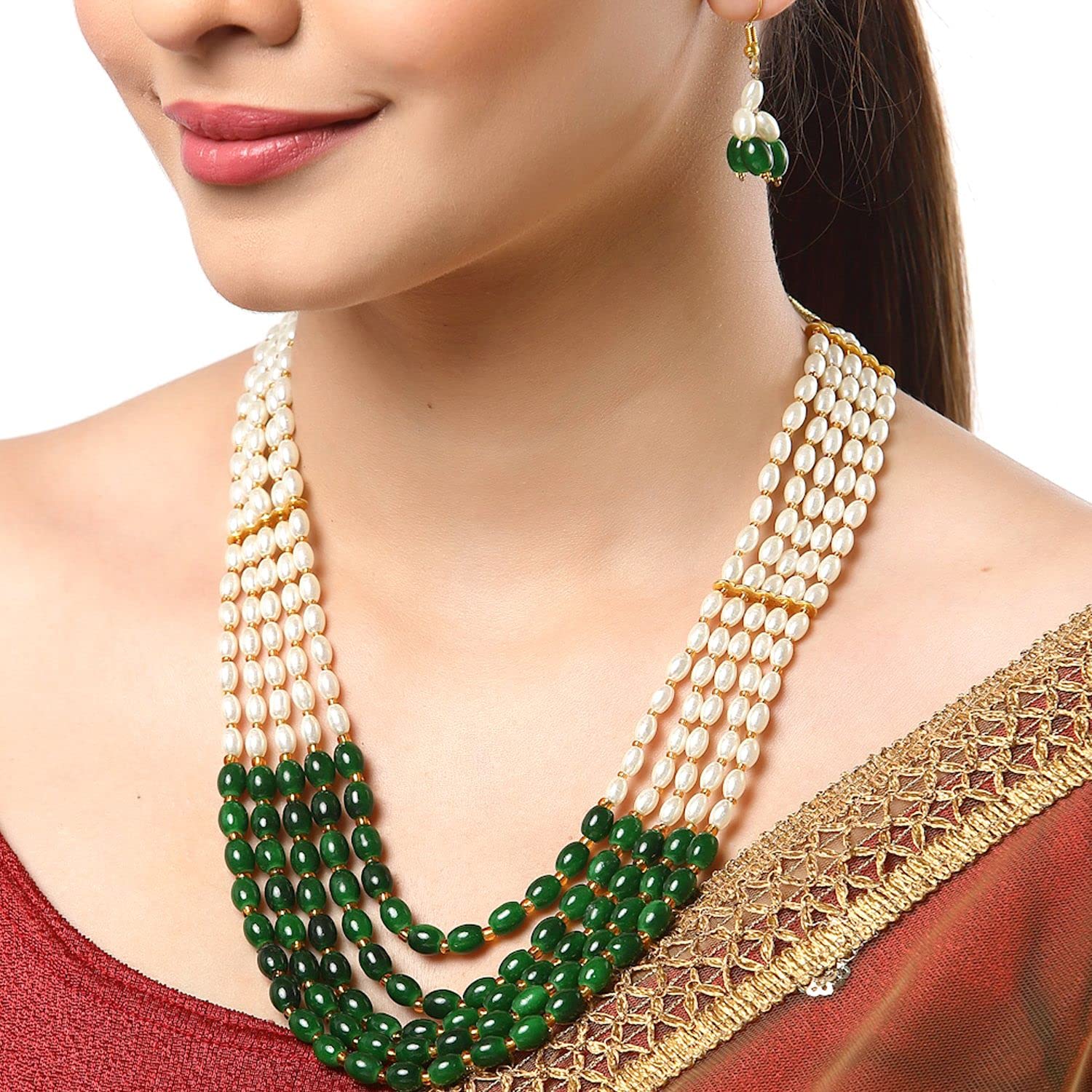 KENNICE Vintage Pearl Jewelry Set - 5-Layer Rajasthani Style Necklace with Earrings for Women & Girls | Bridal, Party & Boho Fashion Accessories