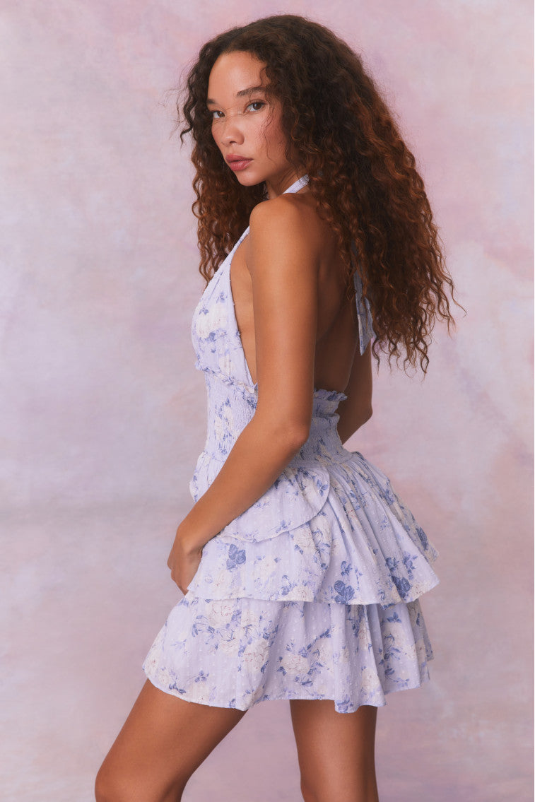 Deanna Fragrance Print Halter Mini Dress in Whisper Blue - Sexy Summer Beach Dress for Women, Perfect for Vacations, Parties & Date Nights