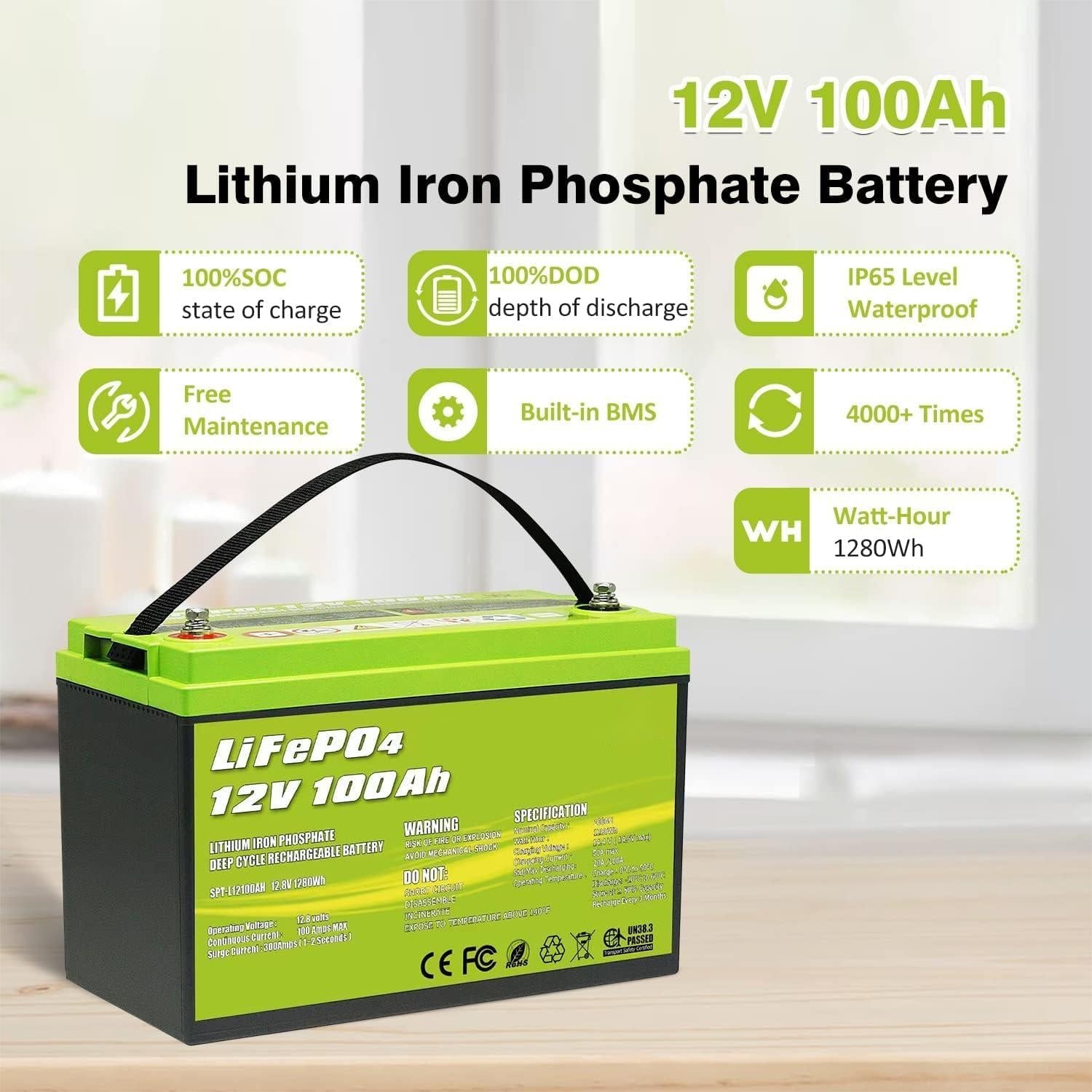 12V 100Ah LiFePO4 Deep Cycle Lithium Battery - Rechargeable Solar Battery for RV, Marine, Golf Cart & Off-Grid Power - Long Lasting Energy Storage Solution