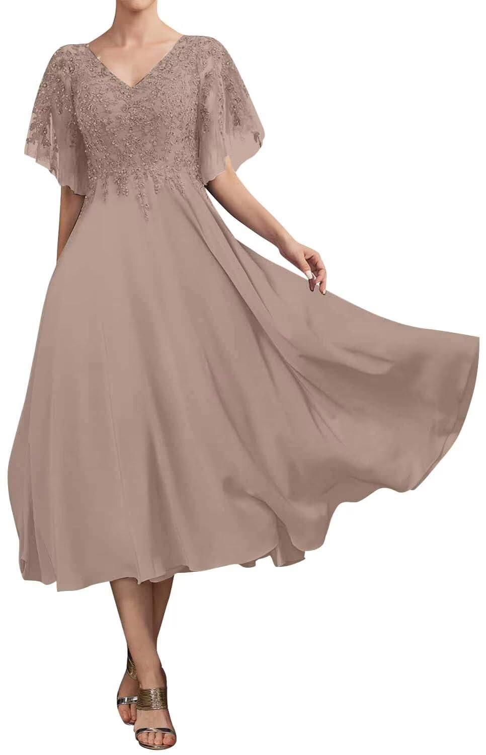Elegant Tea Length Mother of The Bride Dress - Short Sleeve Lace Applique Wedding Gown with Sequin Details | Perfect for Wedding Ceremonies, Receptions & Formal Occasions