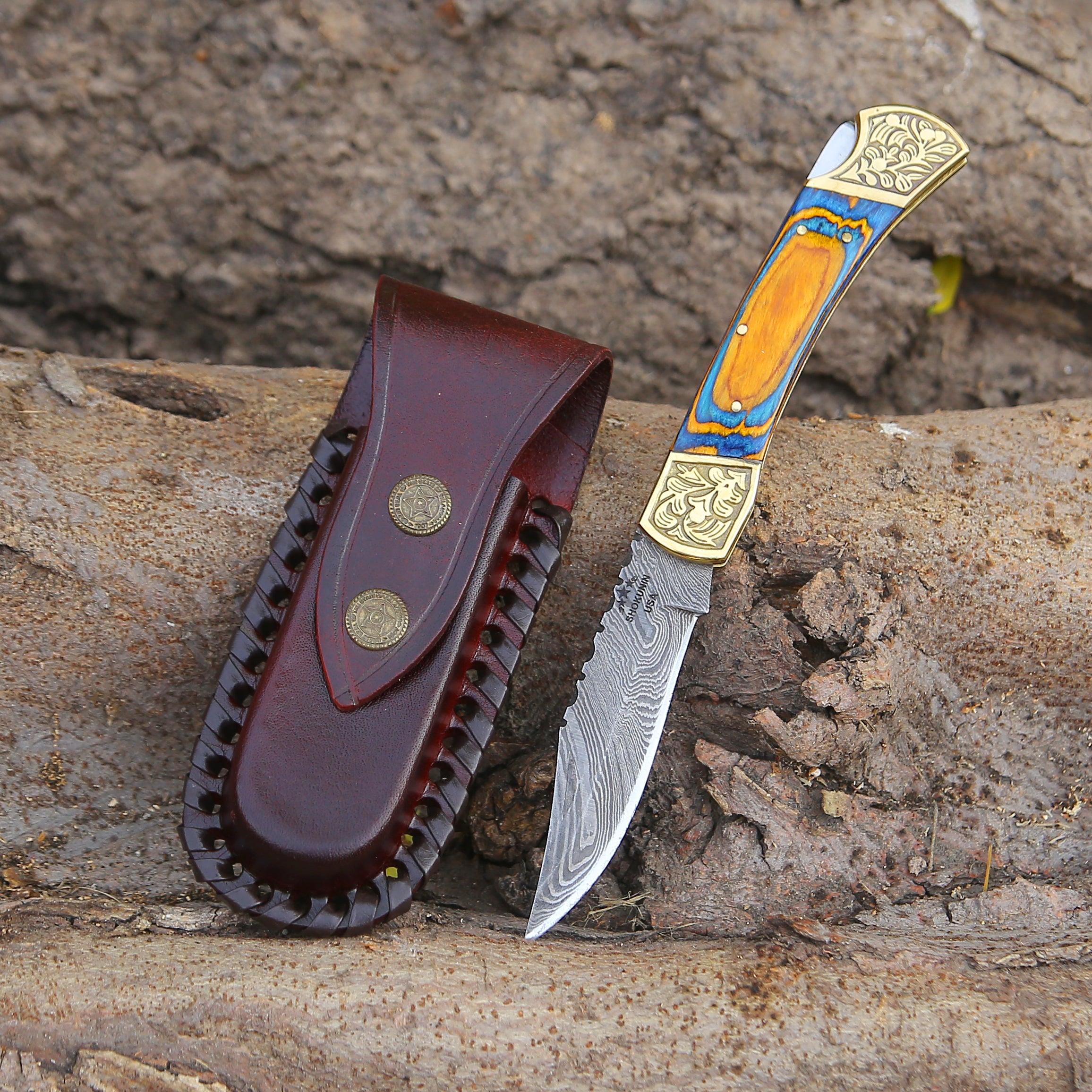 Premium Handmade Damascus Steel EDC Folding Pocket Knife with Genuine Leather Sheath & Pakkawood Handle - Perfect for Camping, Hiking, Survival, and Everyday Carry
