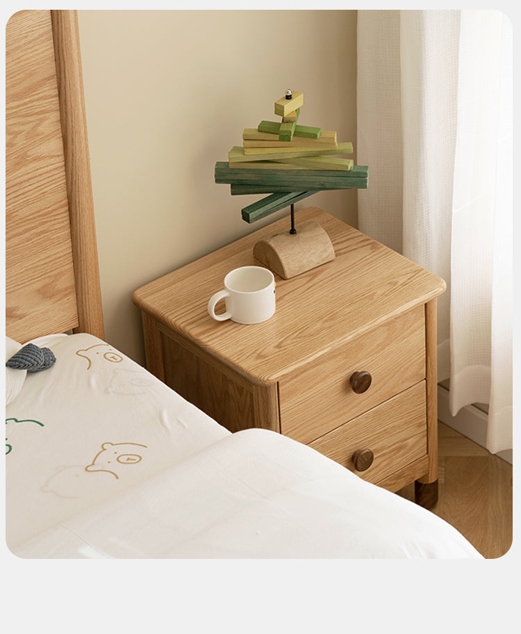 Solid Oak Wood Nightstand with Two Drawers - Bedside Table for Bedroom, Living Room, or Office Storage