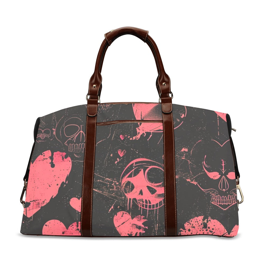 Vintage Faded Hearts & Skulls Print Canvas Flight Bag - Stylish Carry-On for Travel, Gym, and Everyday Use