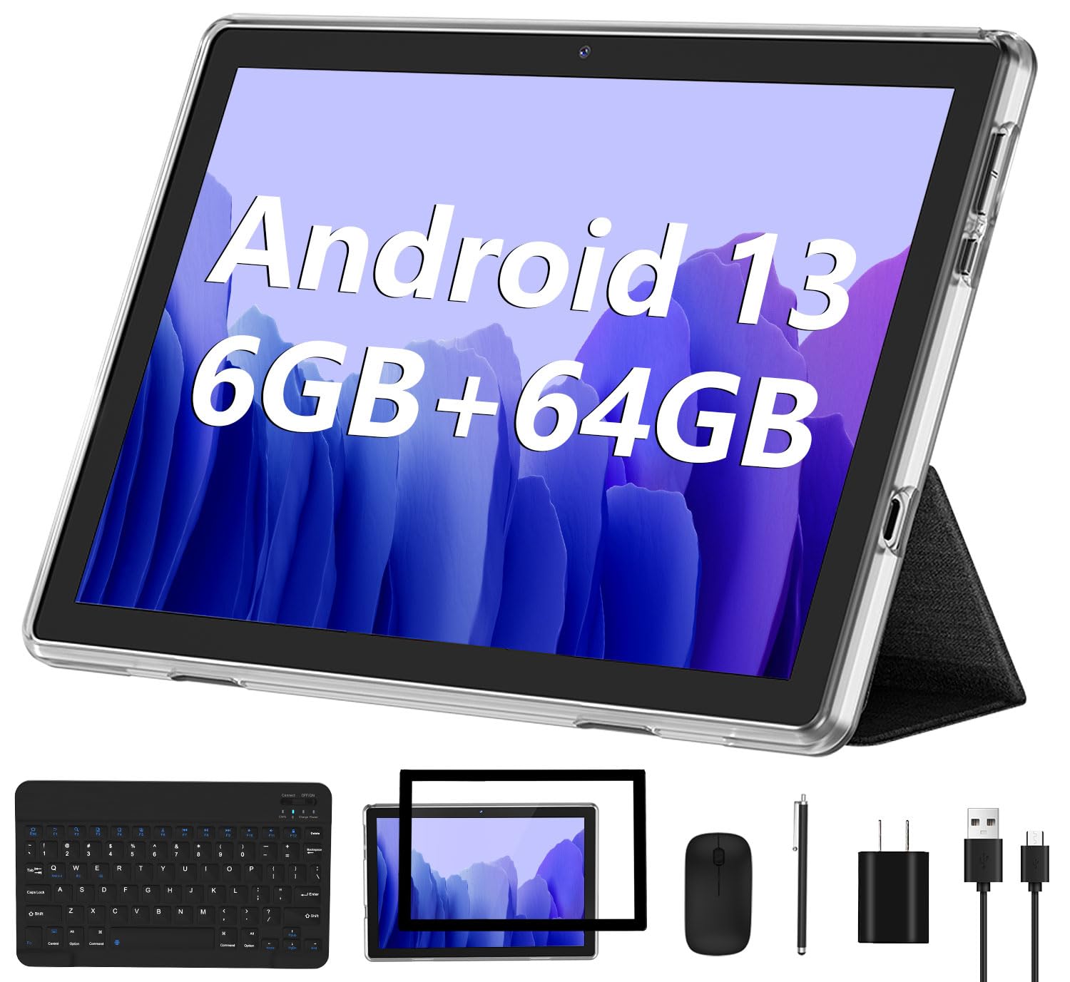 2023 New 10 Inch Android 13 Tablet with 6GB RAM + 64GB ROM +1TB Expandable Storage - Quad-Core 2-in-1 Tablet with Keyboard & Mouse, WiFi 6 & Bluetooth - GMS Certified IPS Touch Screen (Silvery Set) for Work, Study & Entertainment