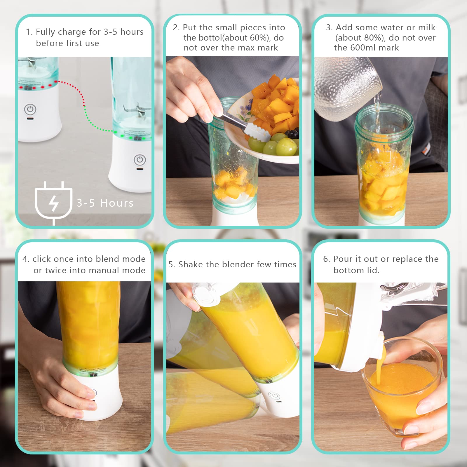 600W Portable Smoothie Blender with 6 Stainless Steel Blades - 600ML BPA-Free Travel Blender USB Rechargeable - Perfect for Protein Shakes, Fruit Smoothies & Meal Prep at Home, Gym or Outdoor Adventures