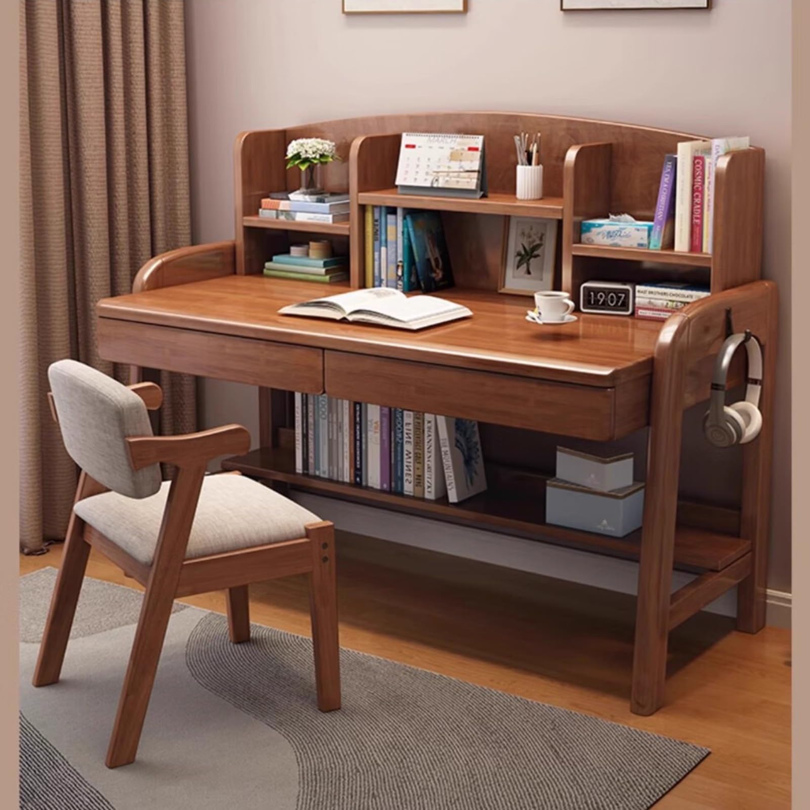 **Solid Wood Kids Desk with Drawers & Bookshelf - Adjustable Height Study Desk for All Ages, Learning & Computer Workstation, Home Office Writing Desk with Hooks (Brown & Chai) - Perfect for Homeschooling, Remote Learning & Small Spaces**