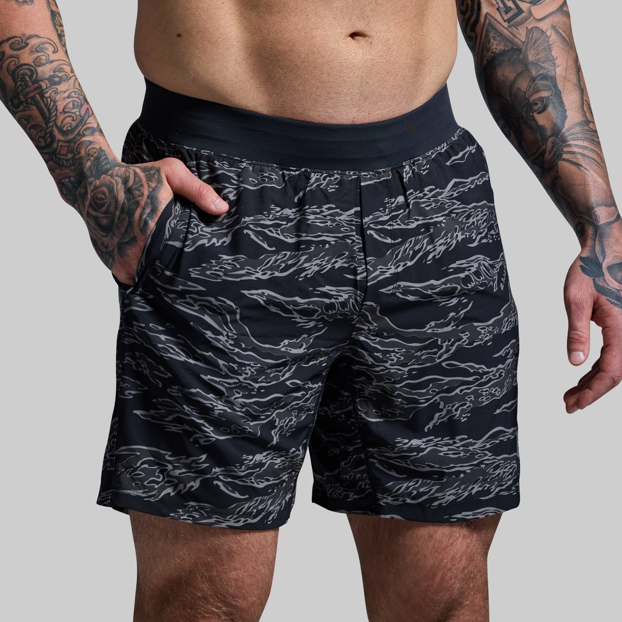 Versatile Compression Shorts with 7-Inch Inseam - Night Tiger Design for Running, Gym & Active Lifestyle