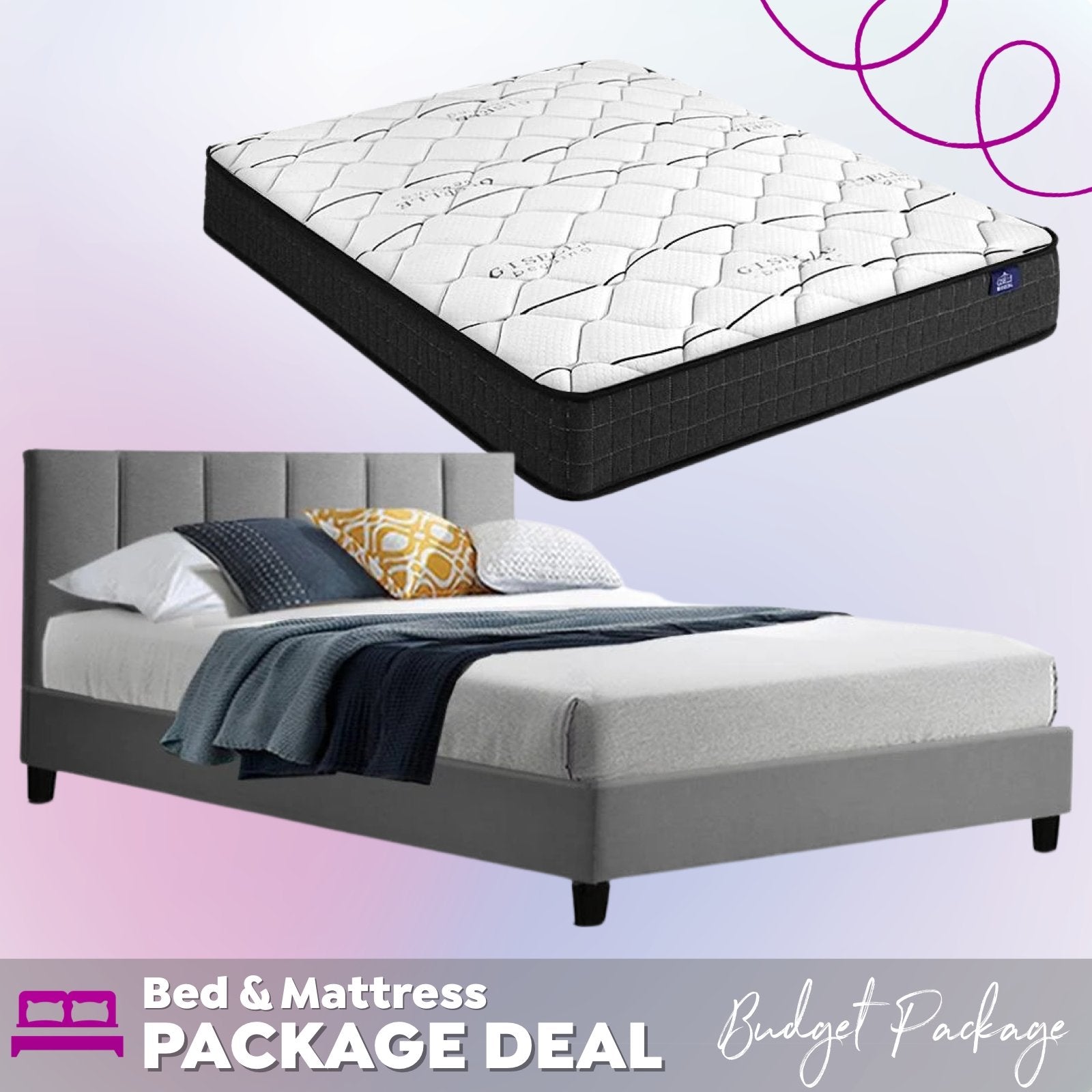 Alma Bed Grey & Gray Bonnell Spring Mattress - Medium Firm Support - Double Package Set for Guest Room & Master Bedroom