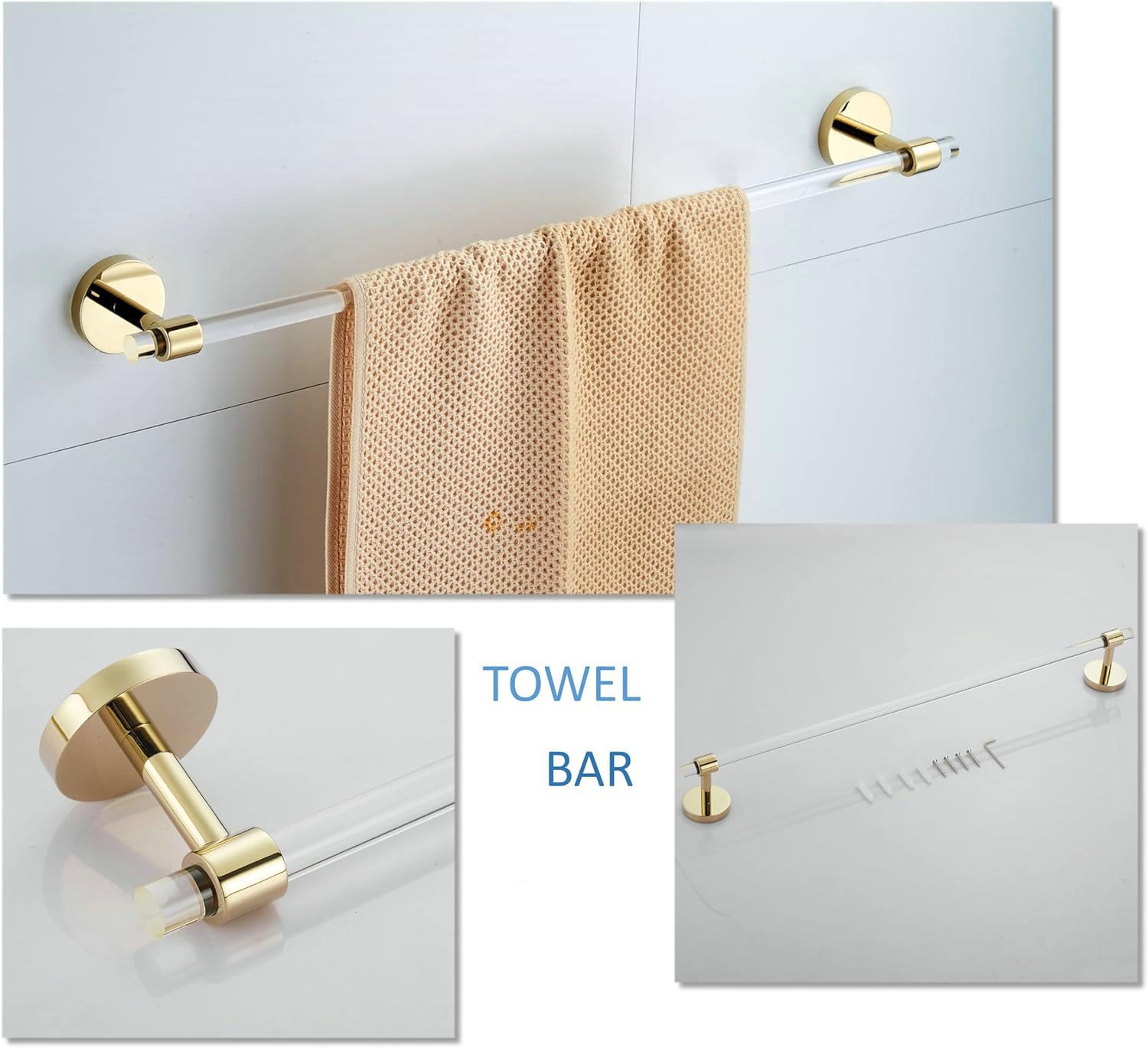 Premium Acrylic Gold Bathroom Hardware Set - 4-Piece Wall Mounted Towel Bar, Towel Rack & Toilet Paper Holder - Modern Bathroom Accessories for Luxury Homes & Spa Retreats