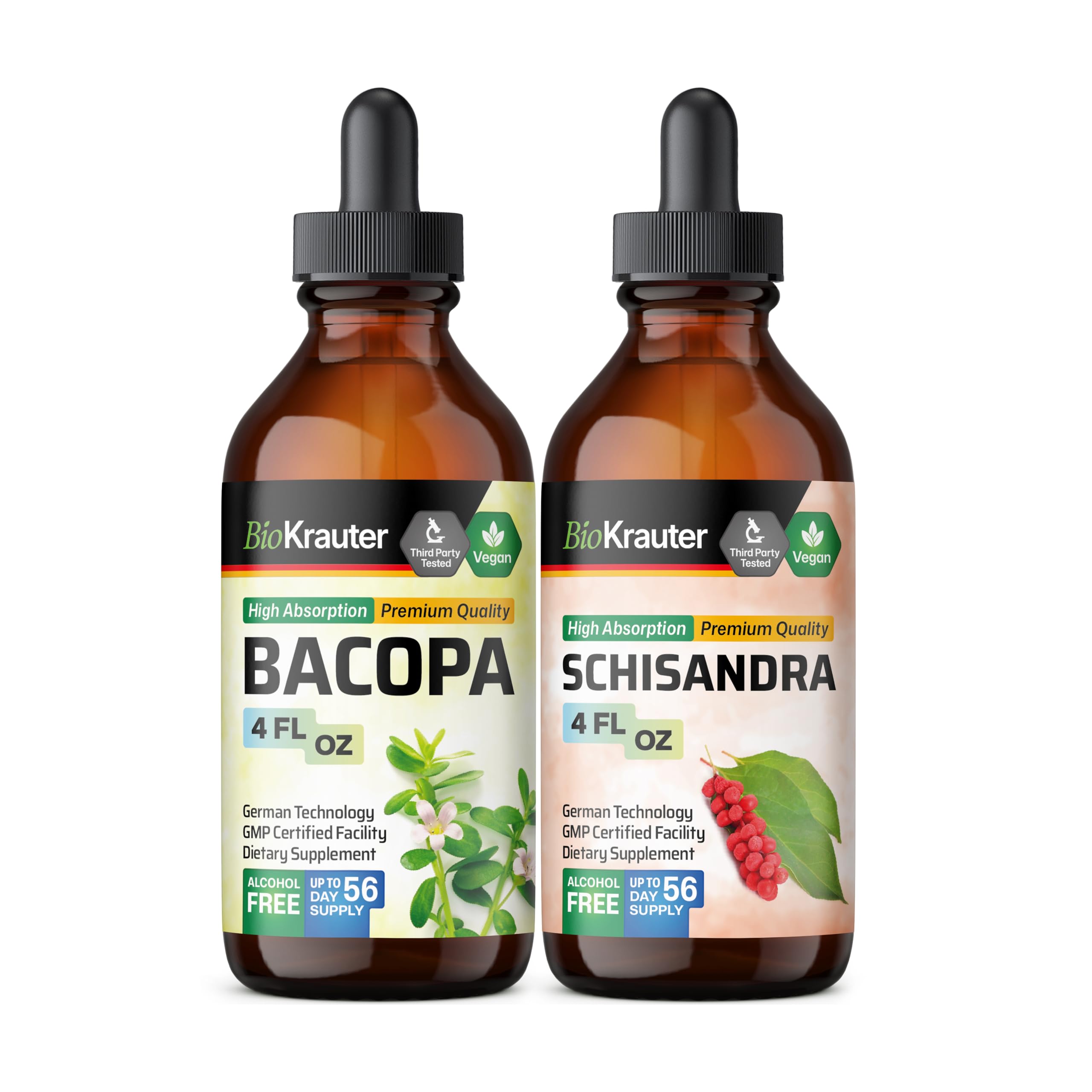 Premium Organic Bacopa Monnieri & Schisandra Chinensis Herbal Tinctures - 4 Fl Oz Each - Natural Brain Boost & Stress Relief Supplement - Perfect for Focus, Memory & Adaptogenic Support