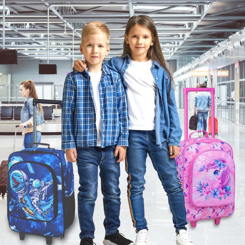 Dinosaur Kids Suitcase with Wheels - Rolling Luggage for Boys & Girls, Travel Carry-On for Toddlers & Elementary School Children - Perfect for Airplane Trips, Road Trips & Sleepovers