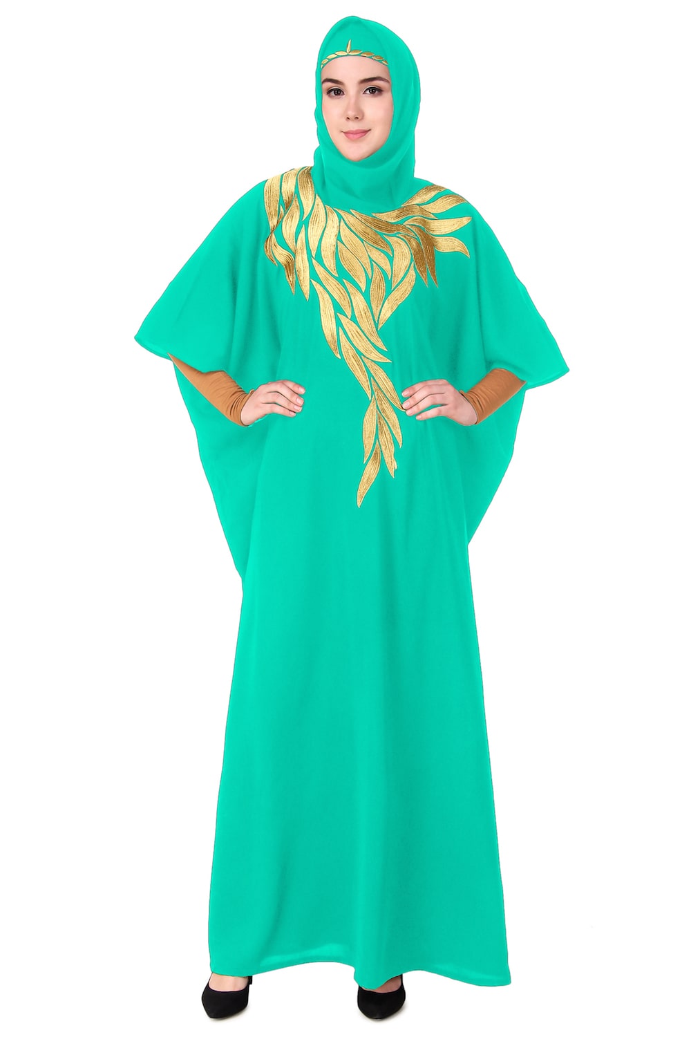 Handmade Gold Embroidered Multi-Leaf Design Kaftan Dress - Elegant Boho Chic Loungewear for Women, Perfect for Beach Cover-ups, Resort Wear & Summer Evenings