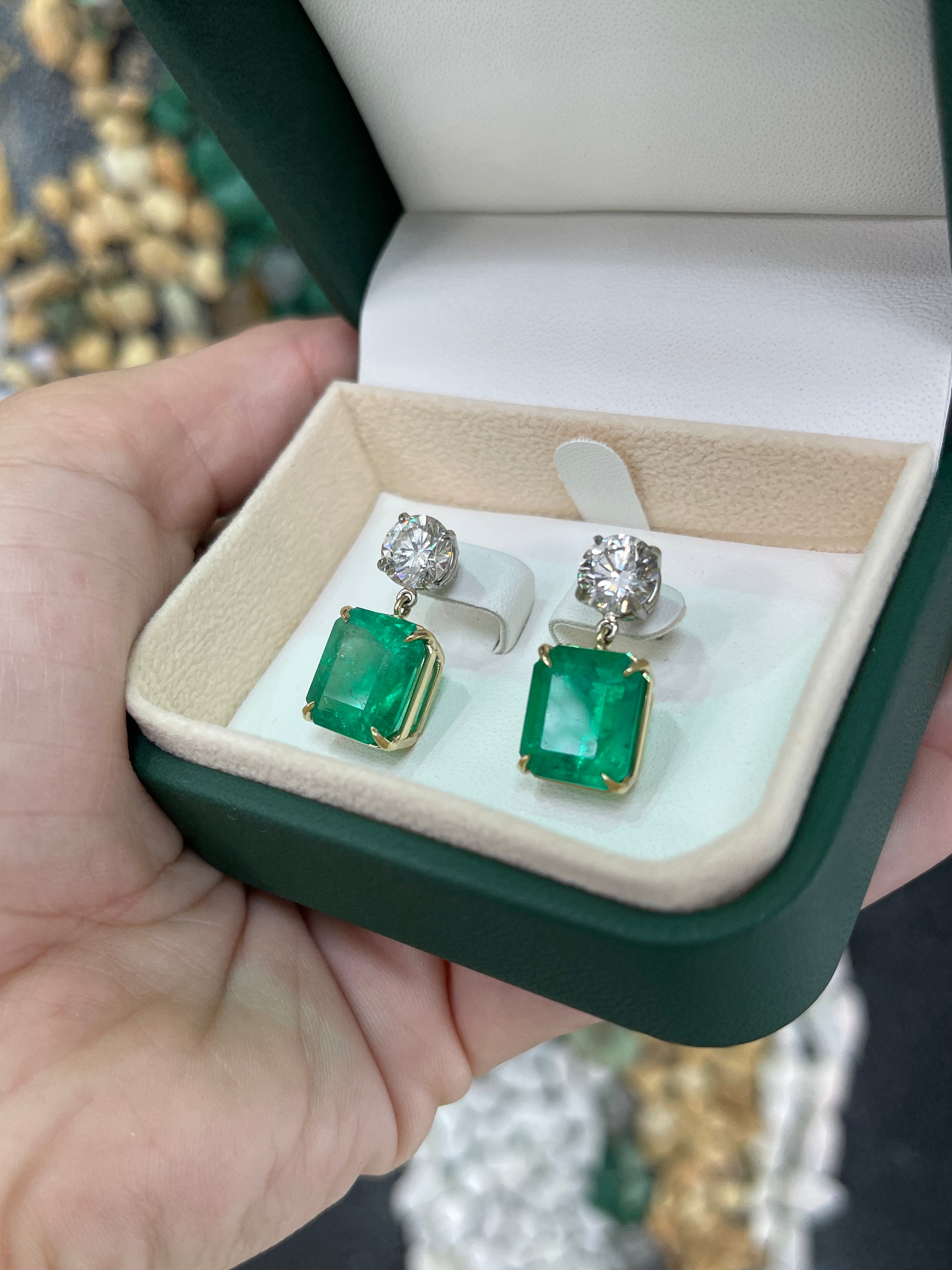 17.72tcw AAA+ Natural Emerald & Diamond Dangle Earrings in 18K Gold/Platinum - Luxury Wedding Jewelry & Evening Party Accessories