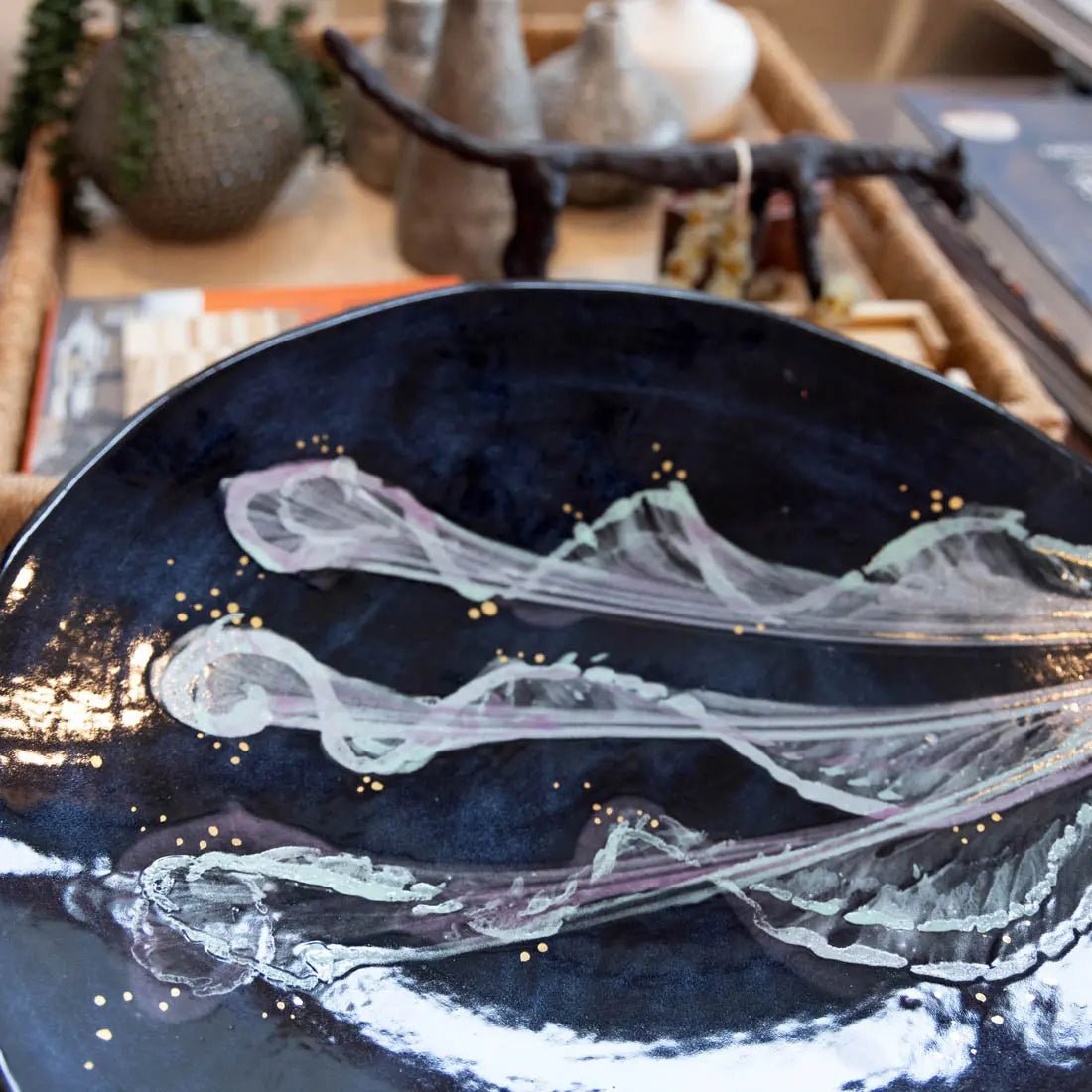 XL Gray Stoneware Serving Platter with Abstract Art & Real Gold - Elegant Dinnerware for Entertaining, Holiday Parties & Special Occasions | Creative Collection (55)