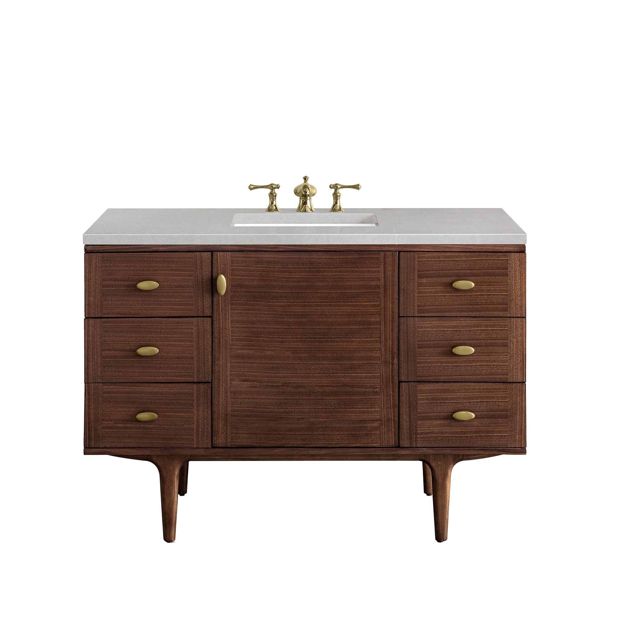 Amberly 48 Inch Single Bathroom Vanity with Mid Century Walnut Finish & 3CM Eternal Serena Stone Top - Perfect for Modern Master Bathrooms and Powder Rooms