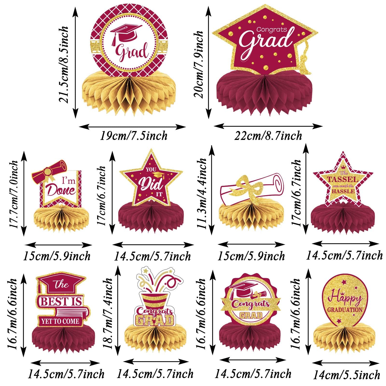10PCS Class of 2025 Graduation Party Decorations - Honeycomb Centerpieces & Table Toppers for Grad Party Supplies (Maroon) | Perfect for Graduation Ceremony, School Events & Celebration Decor