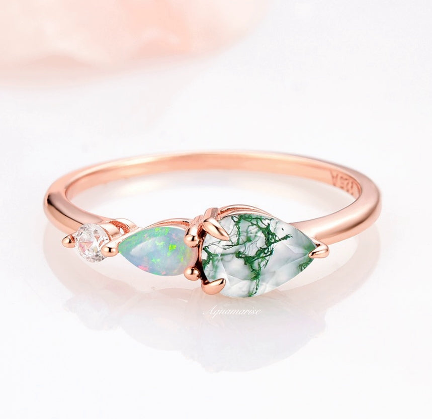 Natural Green Moss Agate & Fire Opal Ring - 14K Rose Gold Vermeil Jewelry for Women | Elegant Statement Ring for Wedding, Party & Everyday Wear