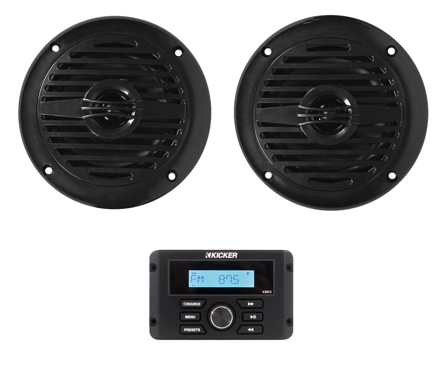 KICKER KMC3 Marine Digital Media Receiver with Bluetooth & USB for Boats, ATVs, UTVs - Bundle with Rockville MS40B 4