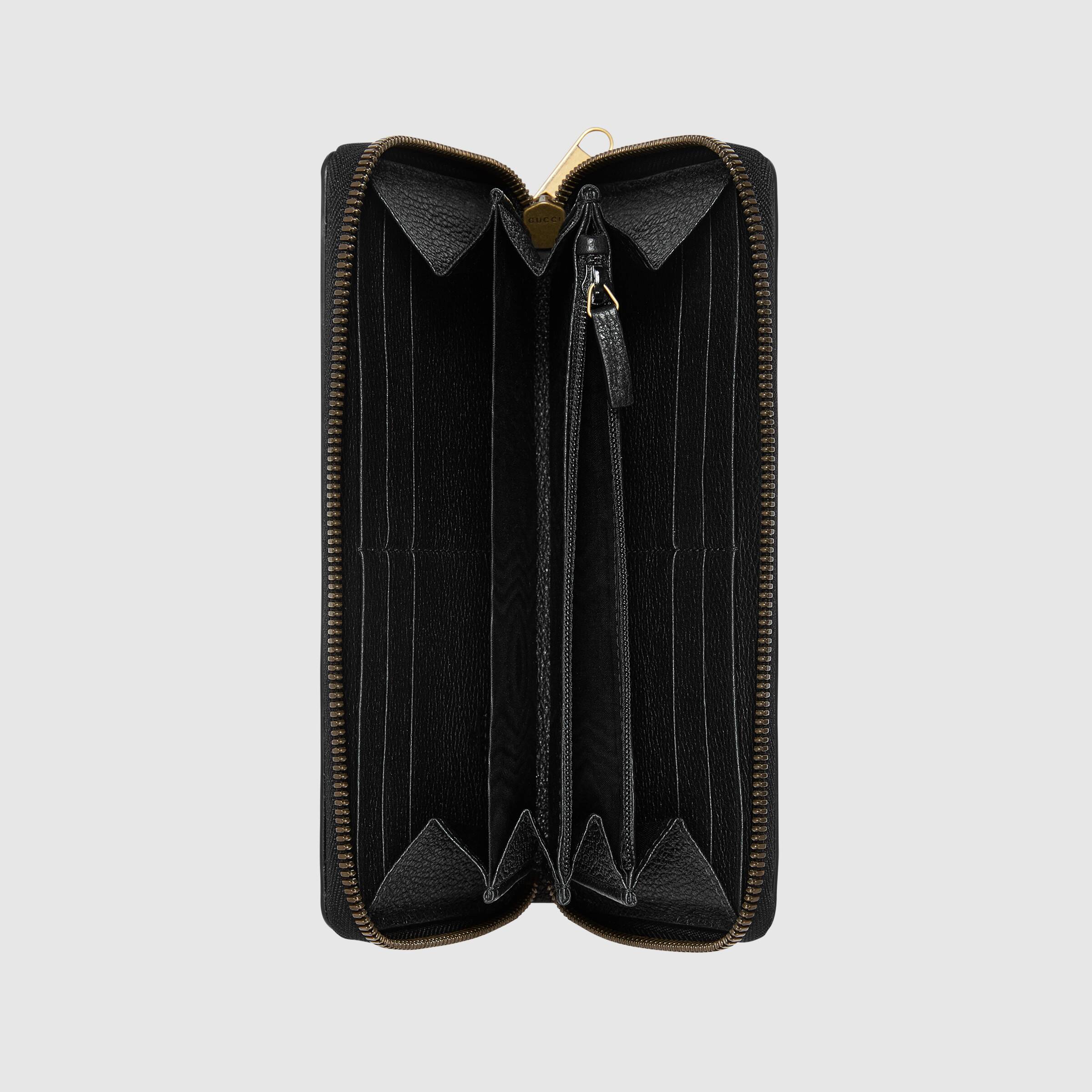 Gucci Print Leather Zip Around Wallet for Women & Men - Black RFID Blocking Bifold Wallet for Travel & Everyday Use
