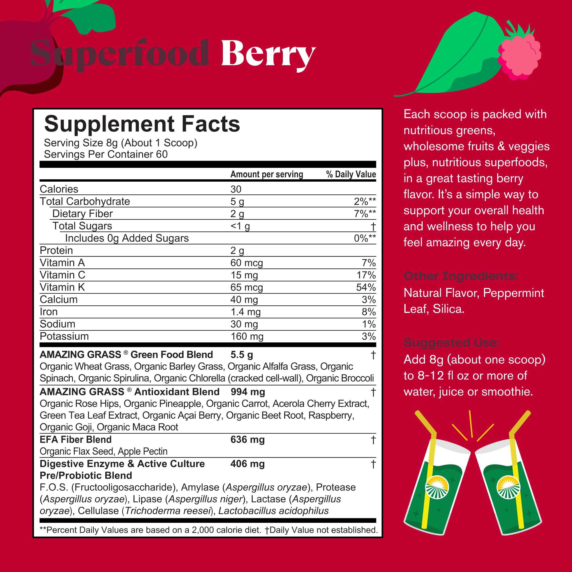 Amazing Grass Greens Superfood Powder - Organic Berry Flavor with Digestive Enzymes, Probiotics, Spirulina & Chlorella - 60 Servings for Energy Boost & Detox | Perfect for Smoothies, Juices & Daily Wellness Routine