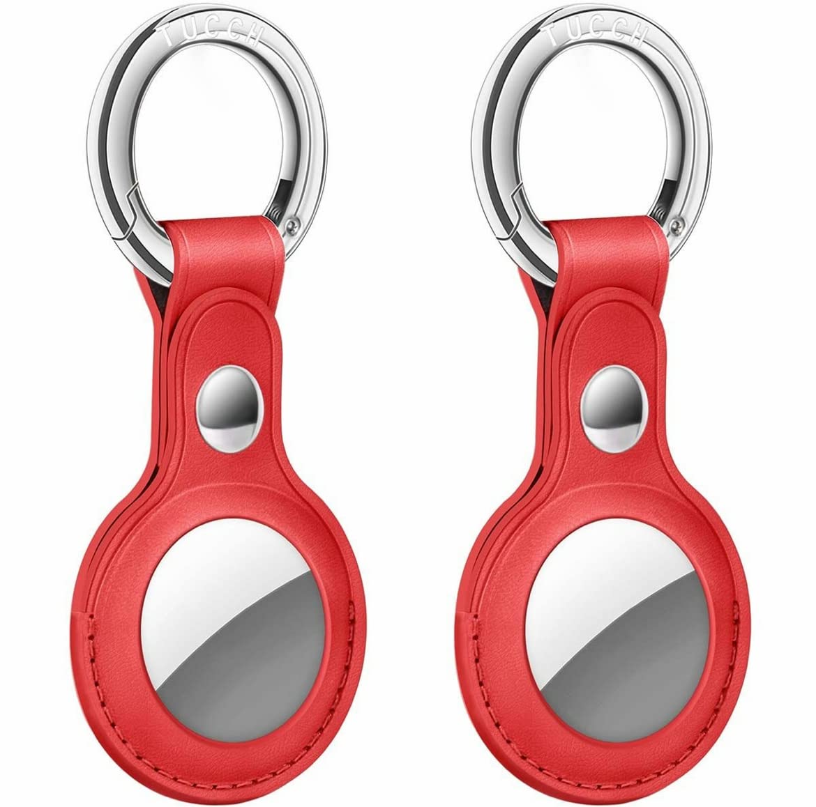 2 Pack PU Leather AirTag Case with Keychain for Dogs & Pets - Compatible with Apple AirTag Locator Tracker (Red) | Perfect for Pet Collars, Keyrings, Luggage & Backpack Tracking