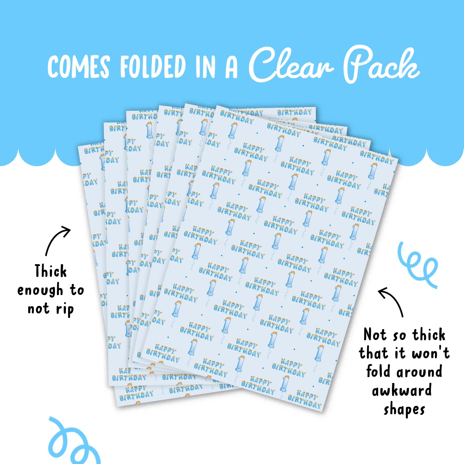 1st Birthday Wrapping Paper for Boys - 6 Sheets Blue Recyclable Gift Wrap with Stickers | Perfect for Baby's First Birthday Parties, Baby Showers & Special Occasions