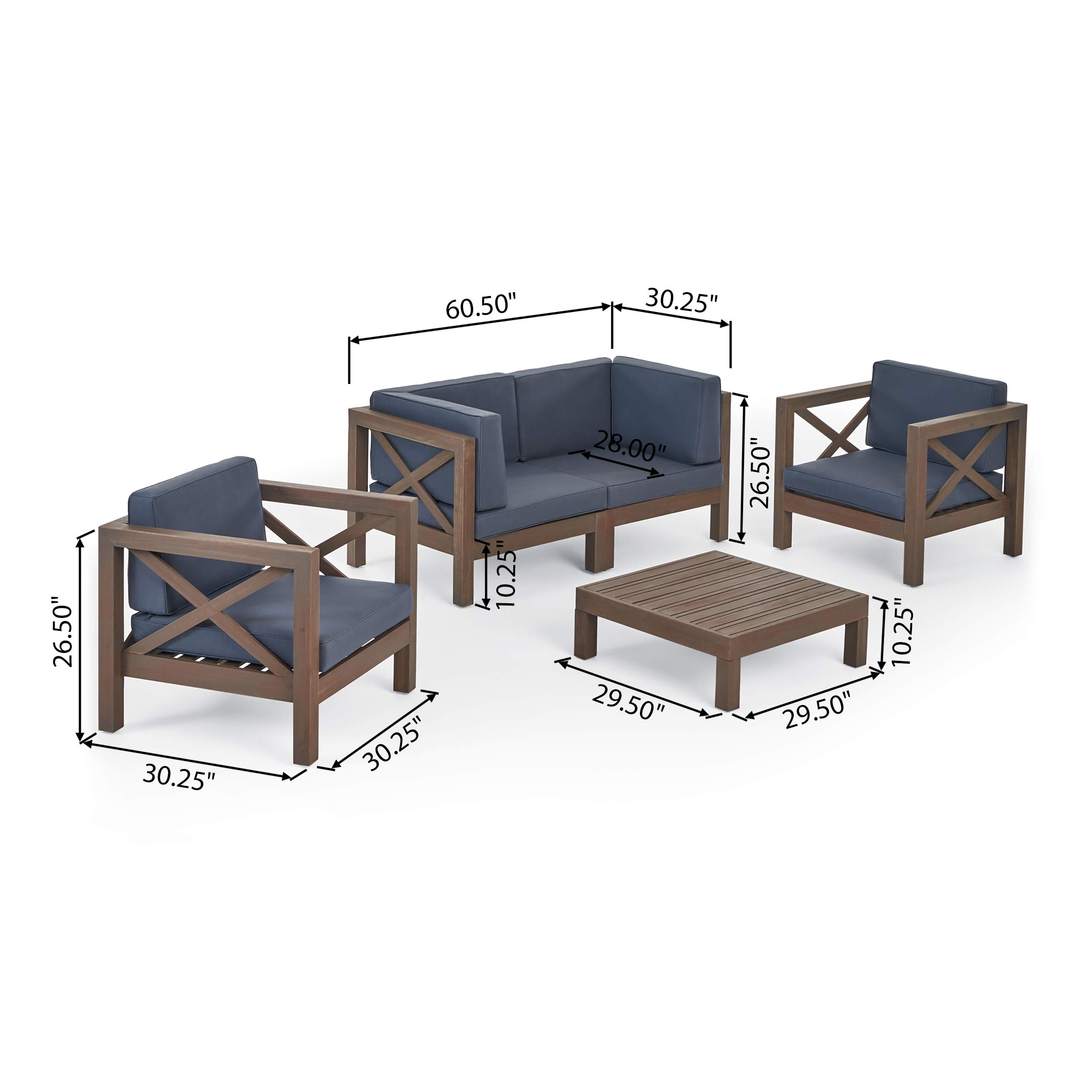 Noble House Brava 5-Piece Outdoor Acacia Wood Loveseat Set in Gray - Durable Patio Furniture for Garden, Poolside & Backyard Relaxation