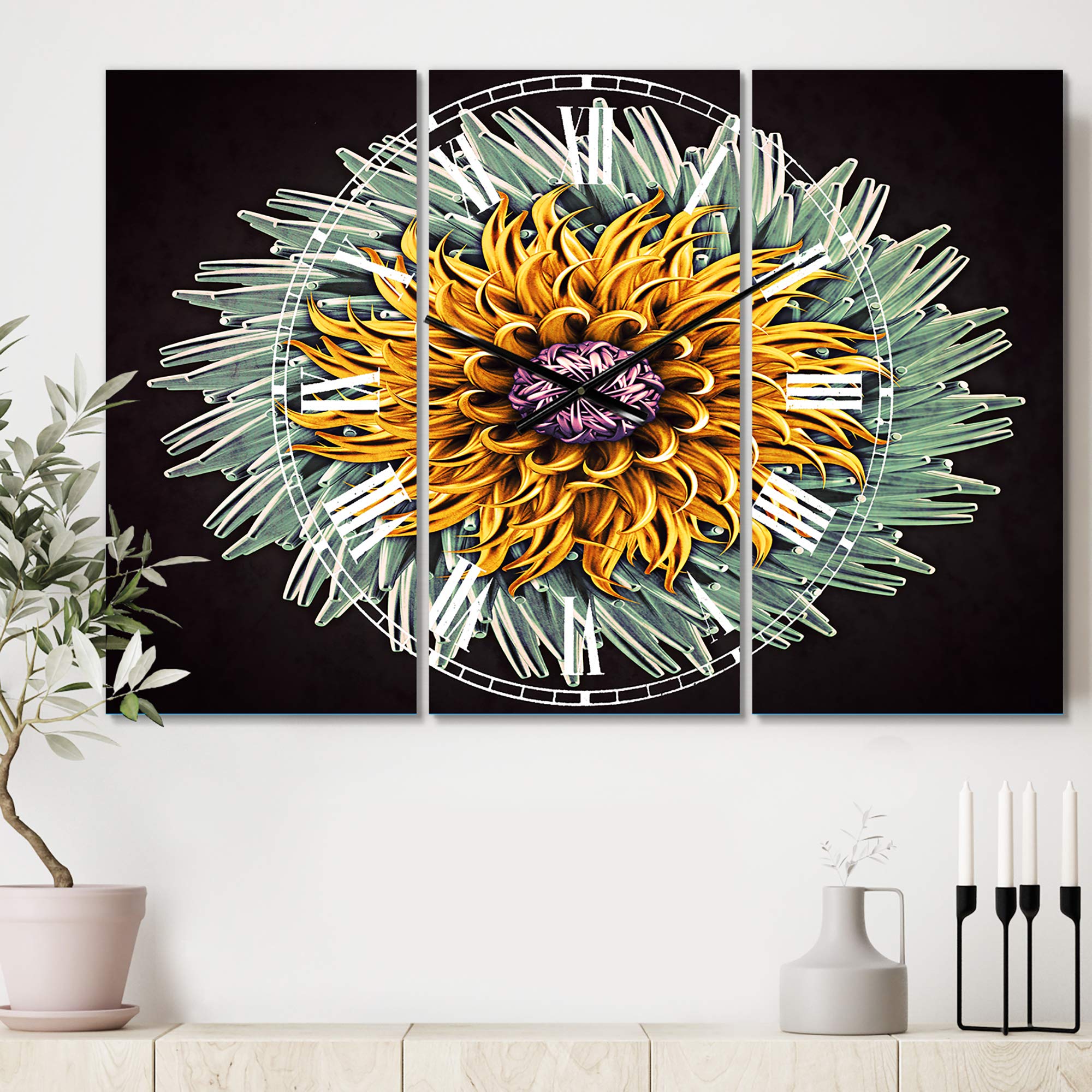 Designart Yellow Blue Abstract 3D Flower Metal Wall Clock - Traditional 3 Panel Wall Art for Home Decor, Living Room, Bedroom & Office | Perfect for Modern Interiors & Gift Giving