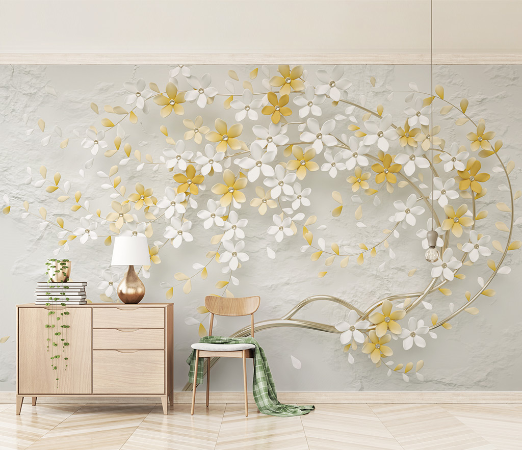 3D Tree White & Yellow Flowers Wallpaper Murals - Self-Adhesive Peel and Stick Wallpaper for Bedroom, Living Room, Nursery - Easy to Install & Removable Home Decor