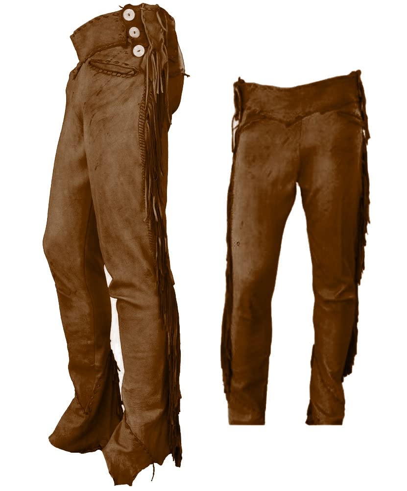 Authentic Men's Western Cowboy Leather Pants with Gold Braiding & Side Fringe - Native American Style Rodeo Trousers for Country Dancing, Rodeo Events & Western Fashion