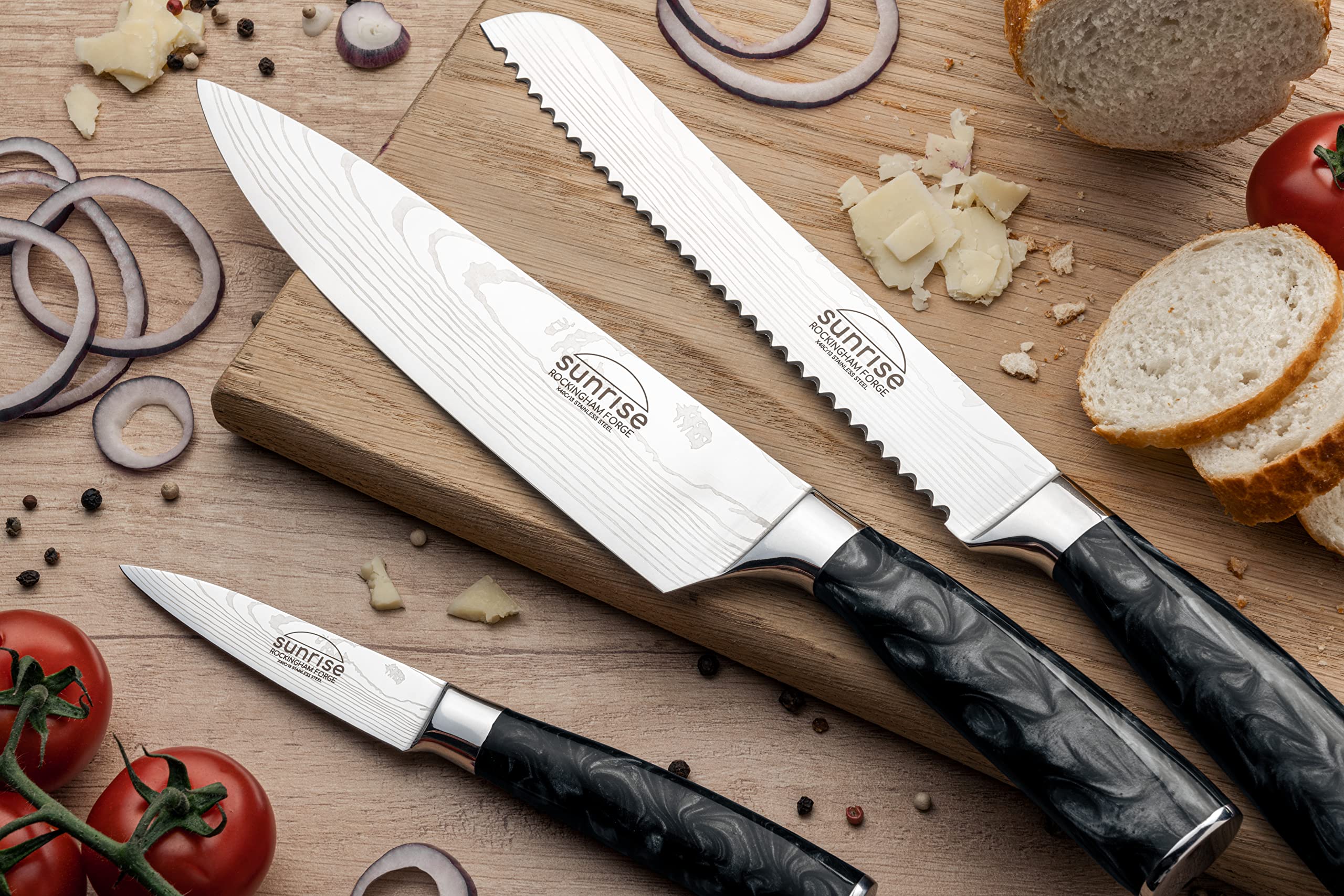 Premium 3-Piece Kitchen Knife Set - Stainless Steel Chef Knife, Paring Knife & Bread Knife with Ergonomic Resin Handles | Sunrise Collection | Perfect for Home Cooking, Meal Prep & Professional Chefs