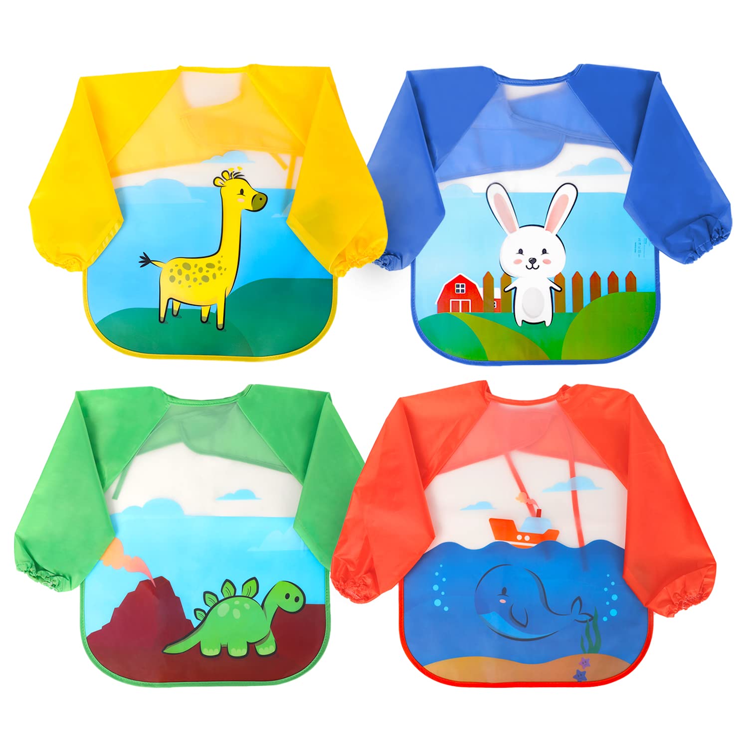 Kidoola Baby Feeding Bibs 4pk - Waterproof Long Sleeve Apron for Infants 6-36 Months | Unisex Weaning Bib with Plastic Coating | Easy Clean for Food, Grease & Drool Protection | Perfect for Messy Meals & Toddler Self-Feeding