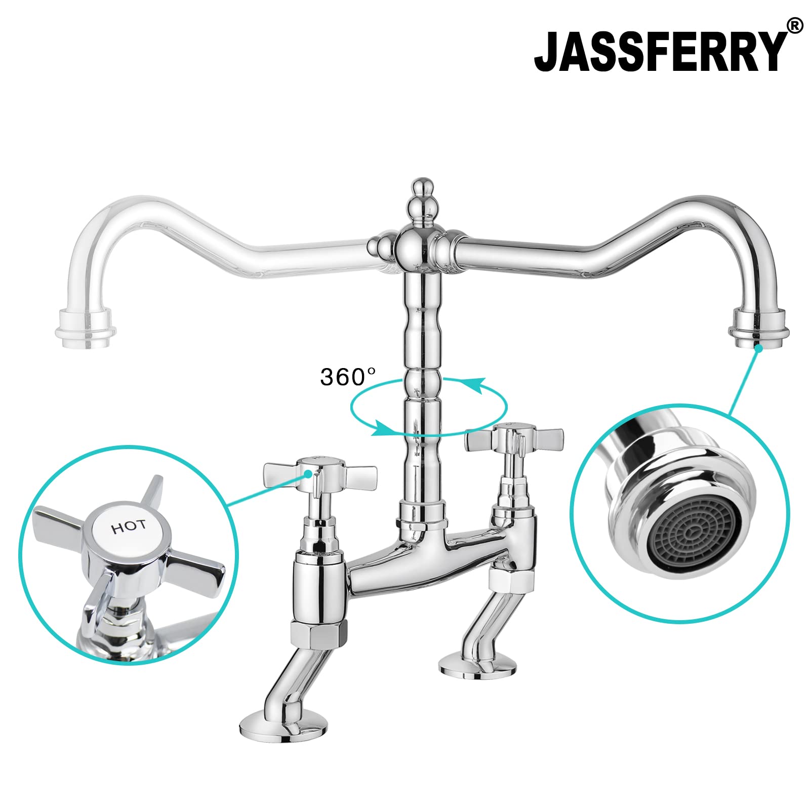 JASSFERRY Classic Deck Mixer Chrome Cross Handles Deck Mounted Monobloc Traditional 2-Hole Kitchen Sink Faucet with Swivel Spout - Perfect for Modern Farmhouse, RV & Apartment Kitchen Renovations