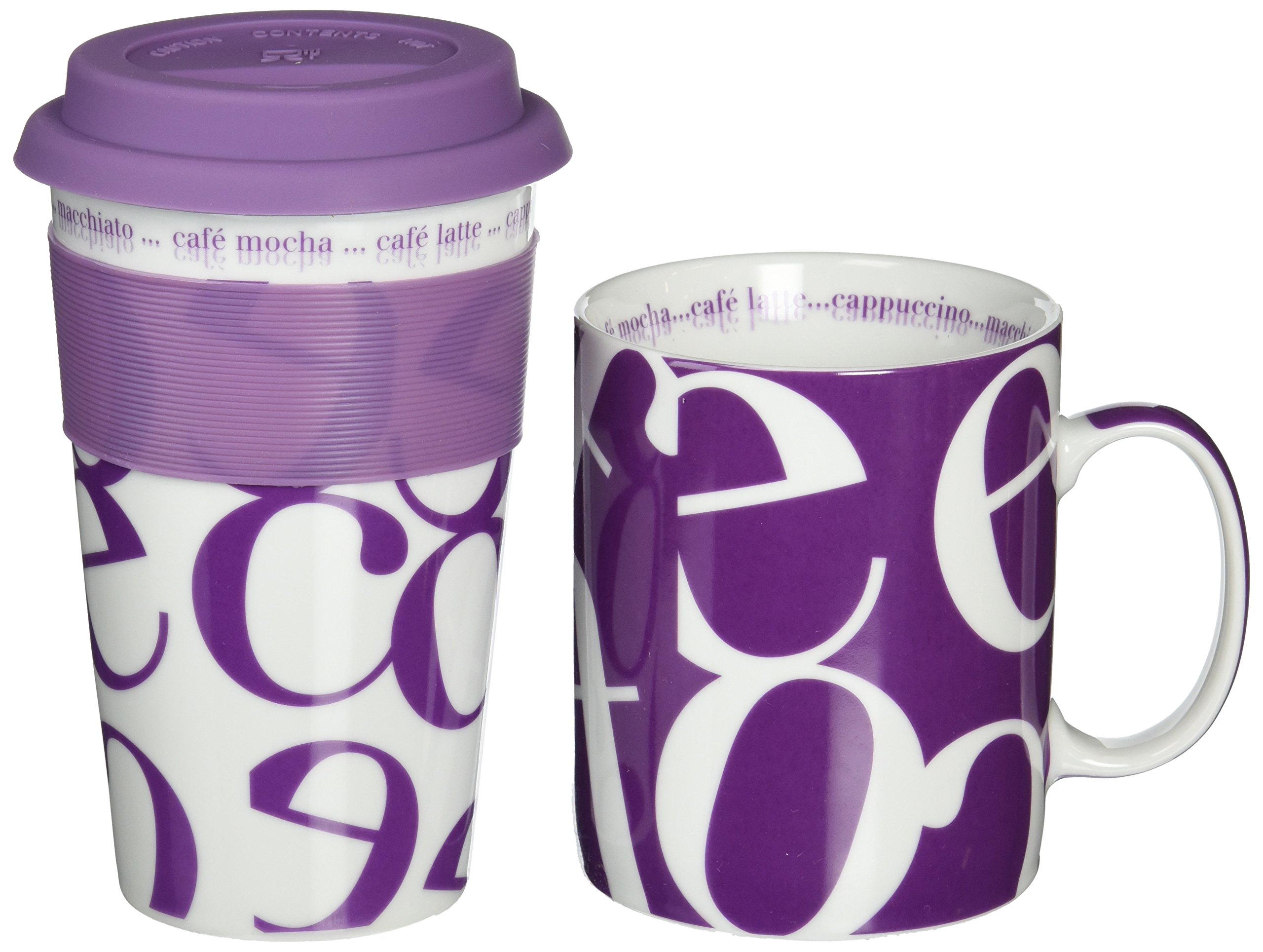 Konitz Script Collage To Stay/To Go Coffee Mugs - Purple Ceramic Travel Mug Set of 2 - Perfect for Home, Office & Outdoor Adventures