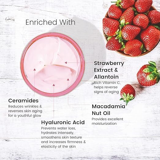 Strawberry Body Butter pH 5.5 - 72 Hour Moisturizing Cream with Ceramides & Hyaluronic Acid | Enriched with Shea Butter & Strawberry Extract | Non-Sticky, Lightweight Formula for Dry Skin | Perfect for Daily Hydration & After-Shower Care (200g)