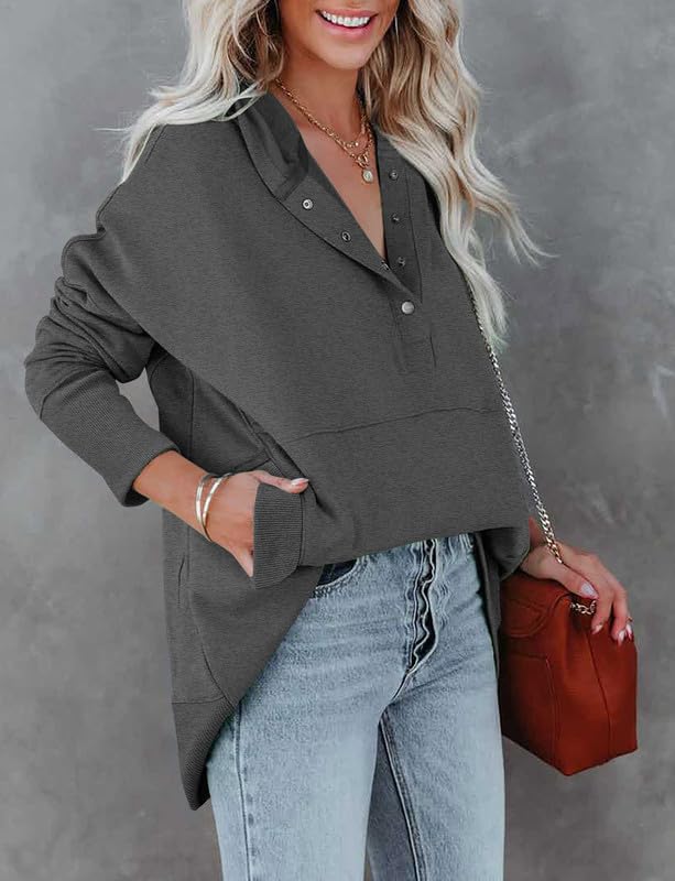 BETTE BOUTIK Women's Casual Button V-Neck Hoodie - Oversized Pullover Sweatshirt with Pockets | Cozy Loungewear for Fall & Winter | Perfect for Home, Work & Outdoor Activities