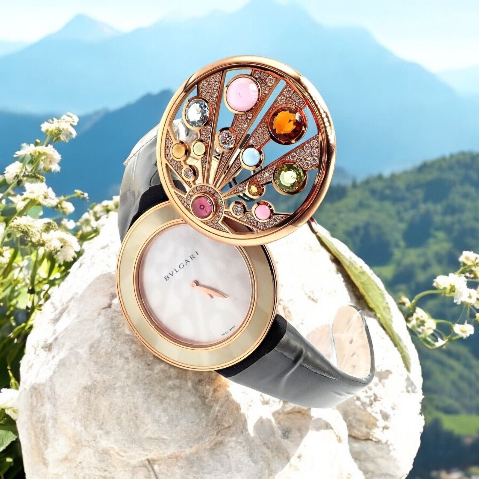 Bulgari Mediterranian Eden 18k Rose Gold Diamond Watch with Mother of Pearl Dial & Color Stones - Luxury Women's Timepiece for Special Occasions & Evening Events