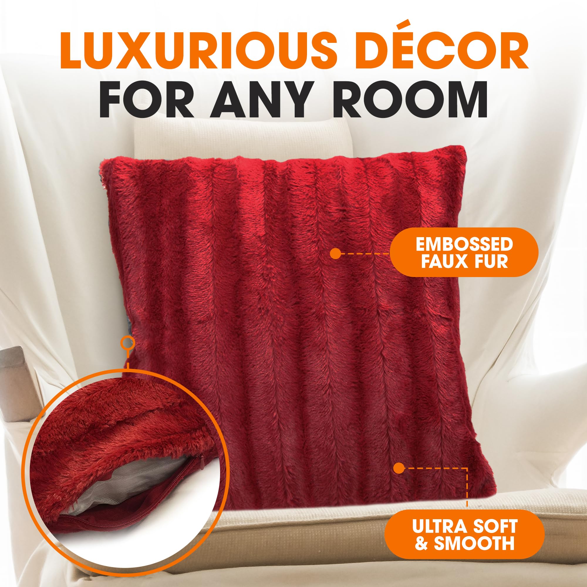 Soft Fluffy Faux Fur Throw Pillow Cover 20x20 - Cozy Maroon Couch Pillow Case for Living Room, Bedroom & Sofa Decor - Pack of 1