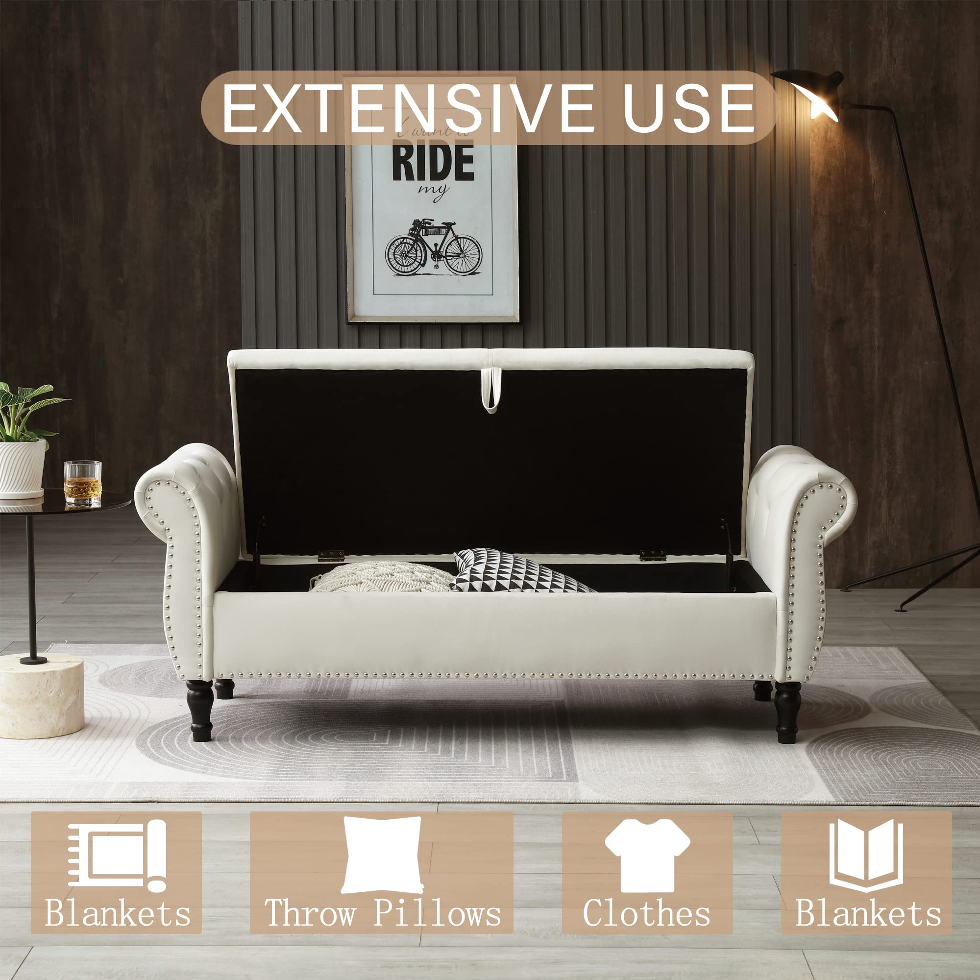 Homtique Velvet Storage Ottoman Bench with Nailhead Trim - Large Upholstered Footstool with Hidden Storage for Living Room, Bedroom & Entryway (Beige) | Perfect for Extra Seating, Footrest & Home Organization