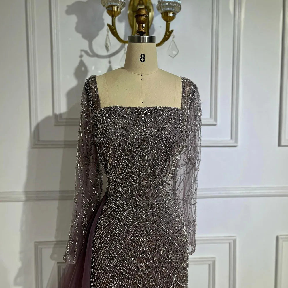 Elegant Arabic Purple Mermaid Evening Gown with Beaded Details & Tulle Overskirt for Women | Wedding, Prom, Gala & Formal Party Dresses 2025 | LA72032F | Perfect for Bridesmaid, Cocktail Party & Special Occasions